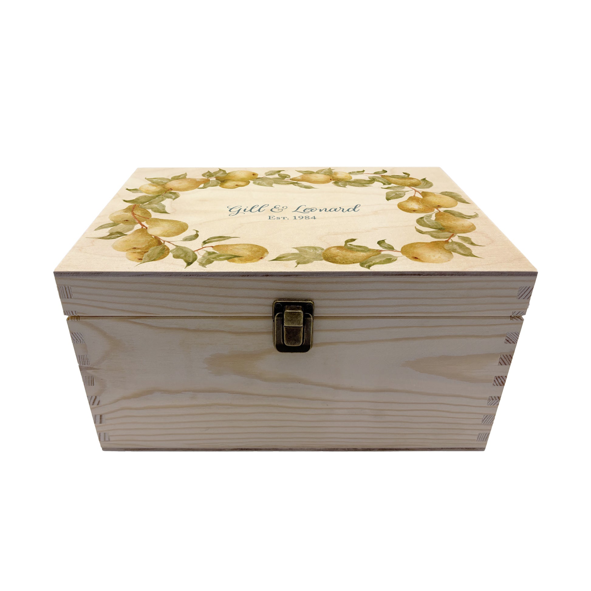Medium Pear wreath Personalised wedding keepsake box with vibrant watercolour fruit design, featuring the couple’s names and wedding date on natural pine wood. This box can be customised and is a truly unique wedding & Anniversary gift.  