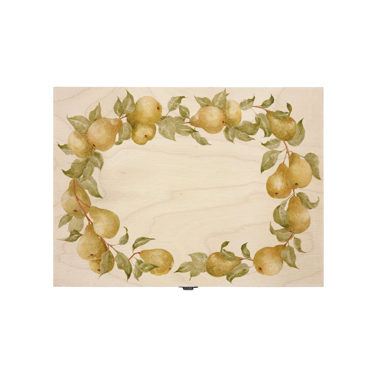 Medium Pear wreath Personalised wedding keepsake box with vibrant watercolour fruit design, featuring the couple’s names and wedding date on natural pine wood. This box can be customised and is a truly unique wedding & Anniversary gift.  