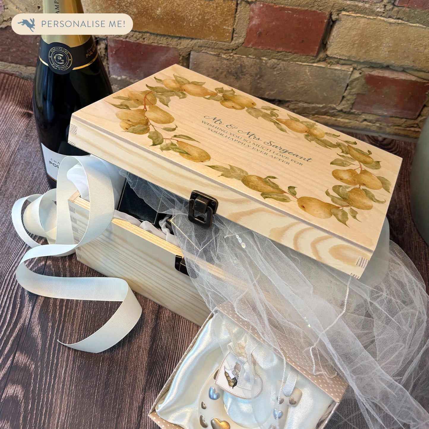 Medium Pear wreath Personalised wedding keepsake box with vibrant watercolour fruit design, featuring the couple’s names and wedding date on natural pine wood. This box can be customised and is a truly unique wedding & Anniversary gift.  
