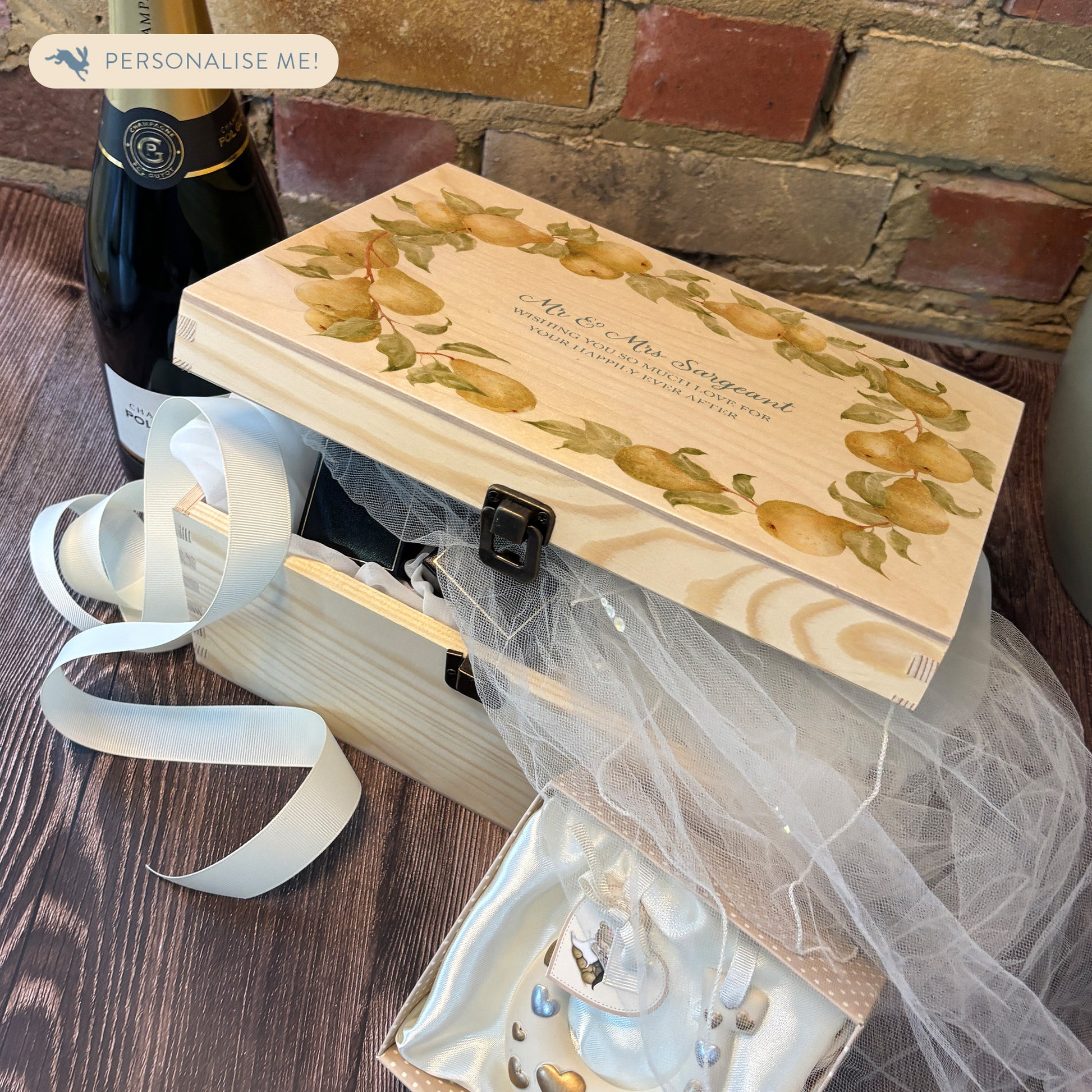 Medium Pear wreath Personalised wedding keepsake box with vibrant watercolour fruit design, featuring the couple’s names and wedding date on natural pine wood. This box can be customised and is a truly unique wedding & Anniversary gift.  
