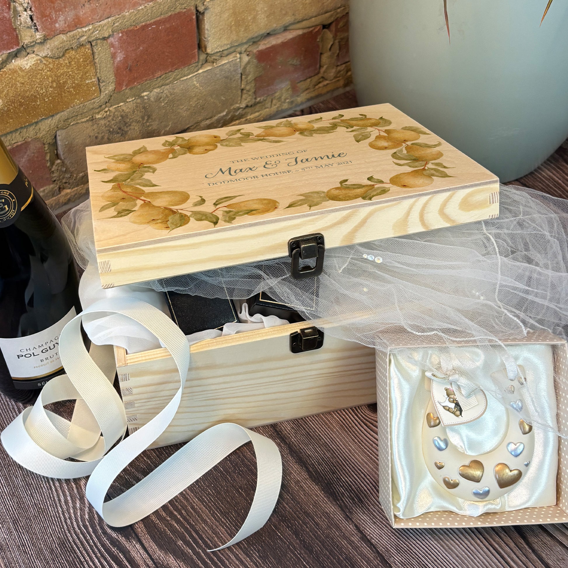 Medium Pear wreath Personalised wedding keepsake box with vibrant watercolour fruit design, featuring the couple’s names and wedding date on natural pine wood. This box can be customised and is a truly unique wedding & Anniversary gift.  