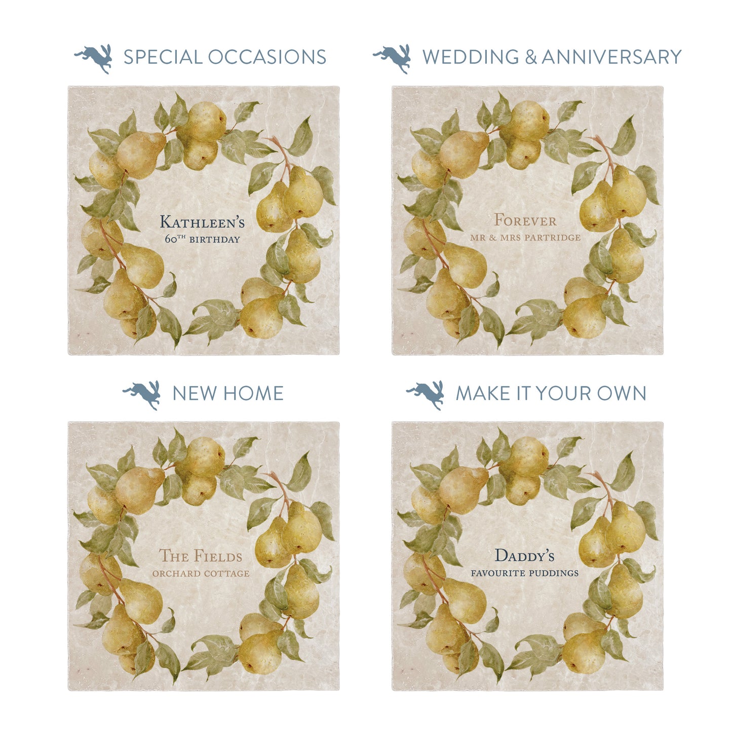 Collection of large marble platters showing the personalisation options available for all occasions including birthdays, weddings, anniversaries and new home gifts.