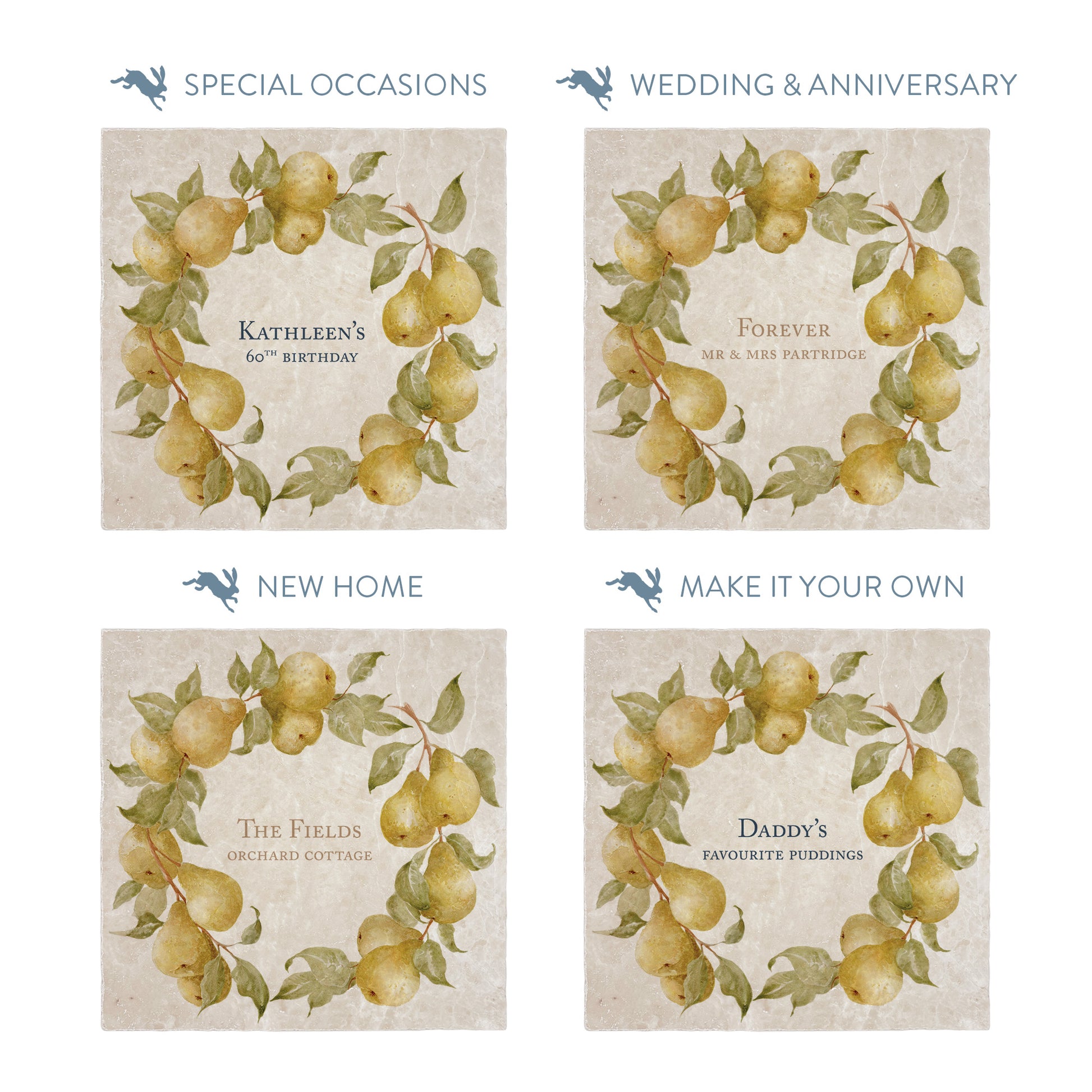 Collection of large marble platters showing the personalisation options available for all occasions including birthdays, weddings, anniversaries and new home gifts.