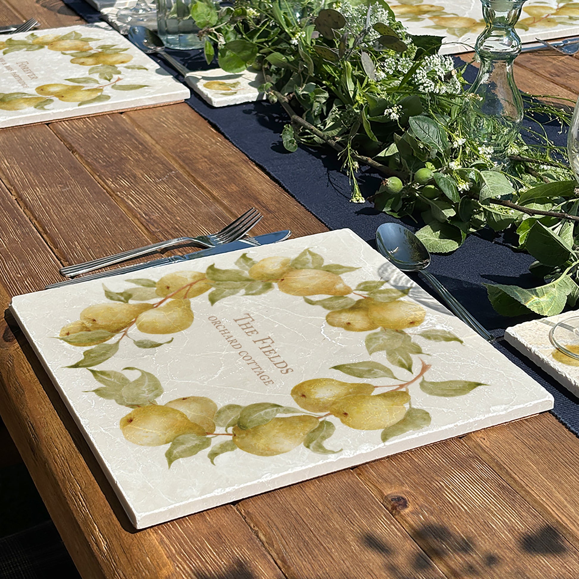 A personalised marble large platter with a pear wreath watercolour design. Create a personalised placemat, serving platter, trivet or cheeseboard as a luxury gift.