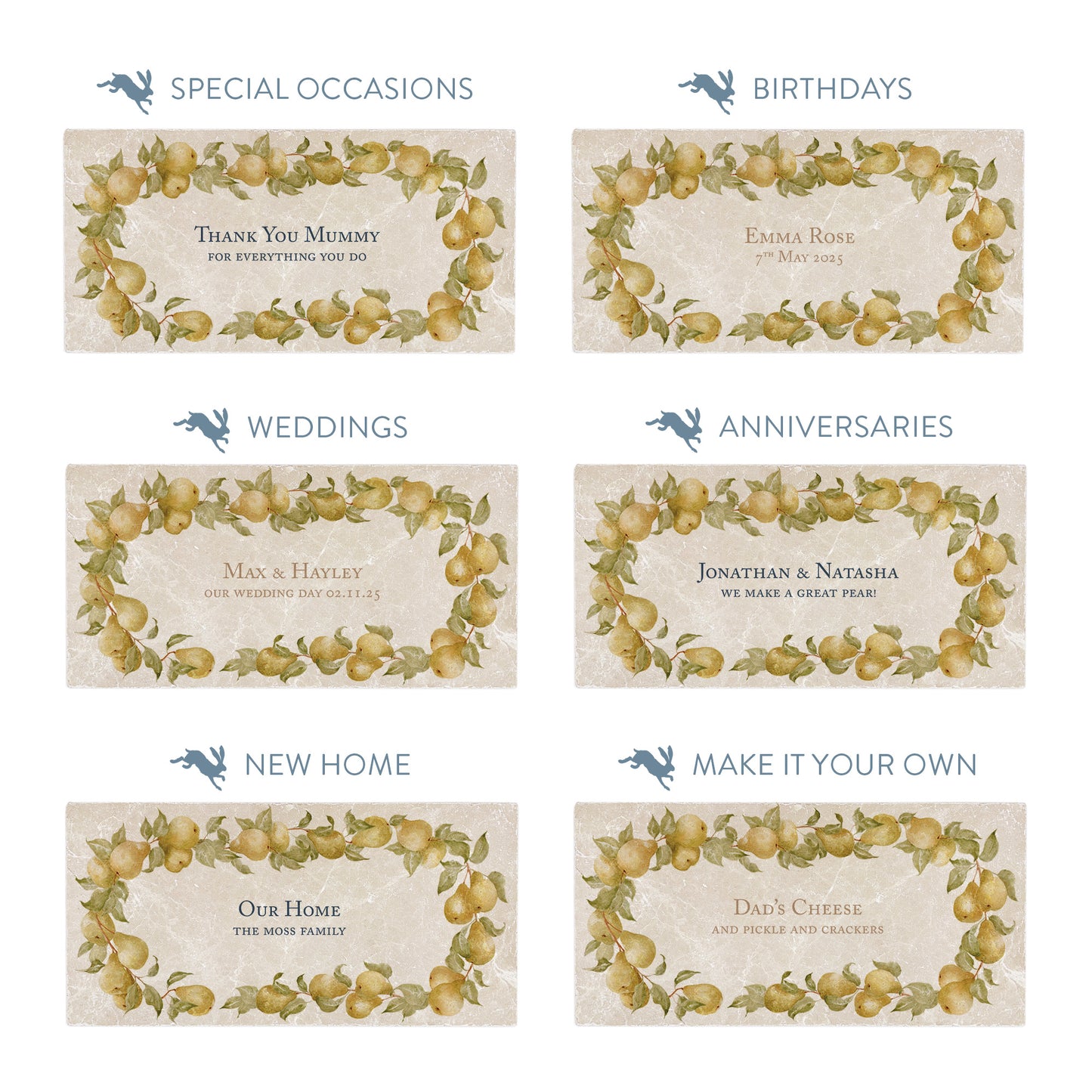 Collection of marble sharing platters showing the personalisation options available for all occasions including birthdays, weddings, anniversaries and new home gifts.