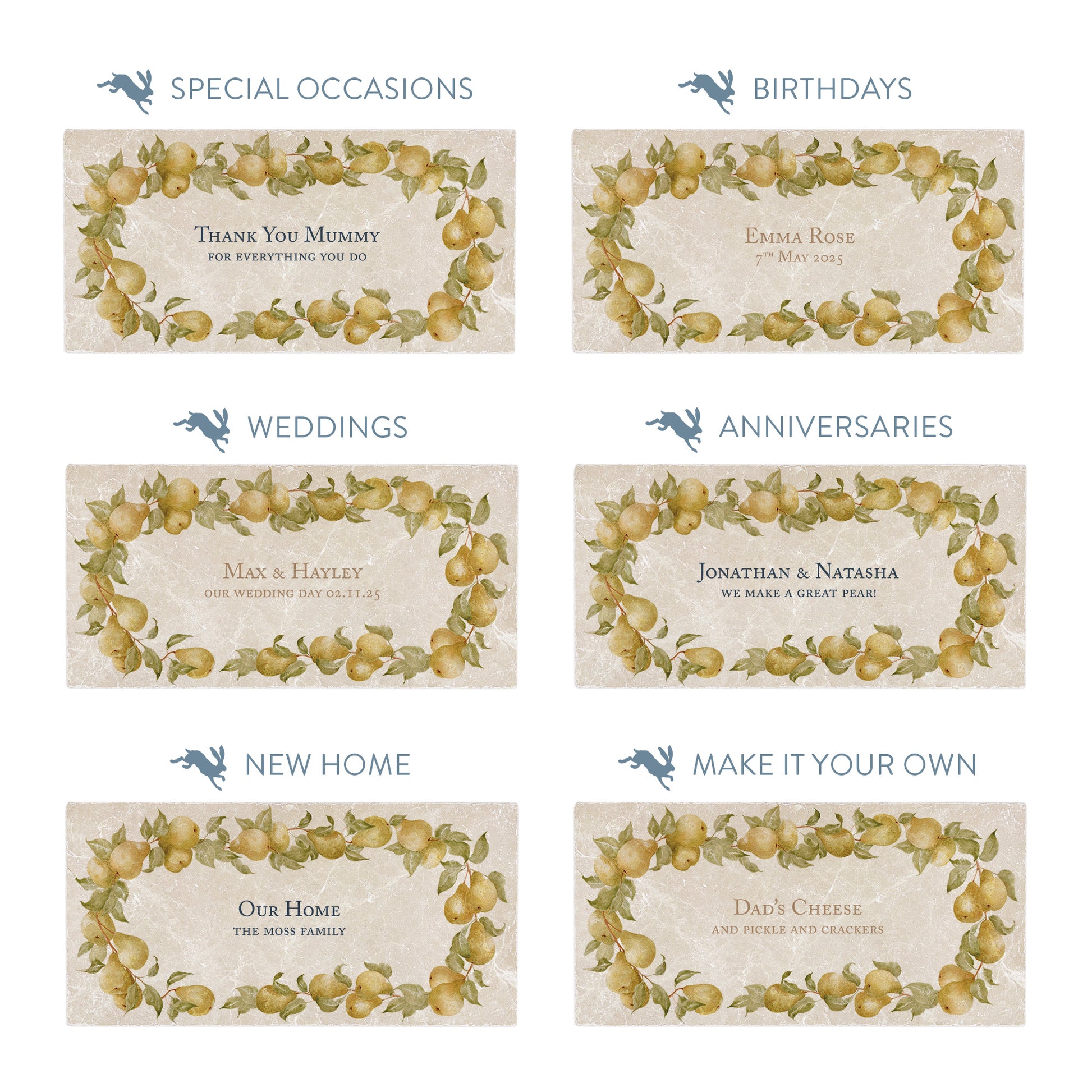 Collection of marble sharing platters showing the personalisation options available for all occasions including birthdays, weddings, anniversaries and new home gifts.