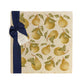 A large multipurpose marble platter with a watercolour pear pattern, packaged with a luxurious dark blue bow and branded gift tag.