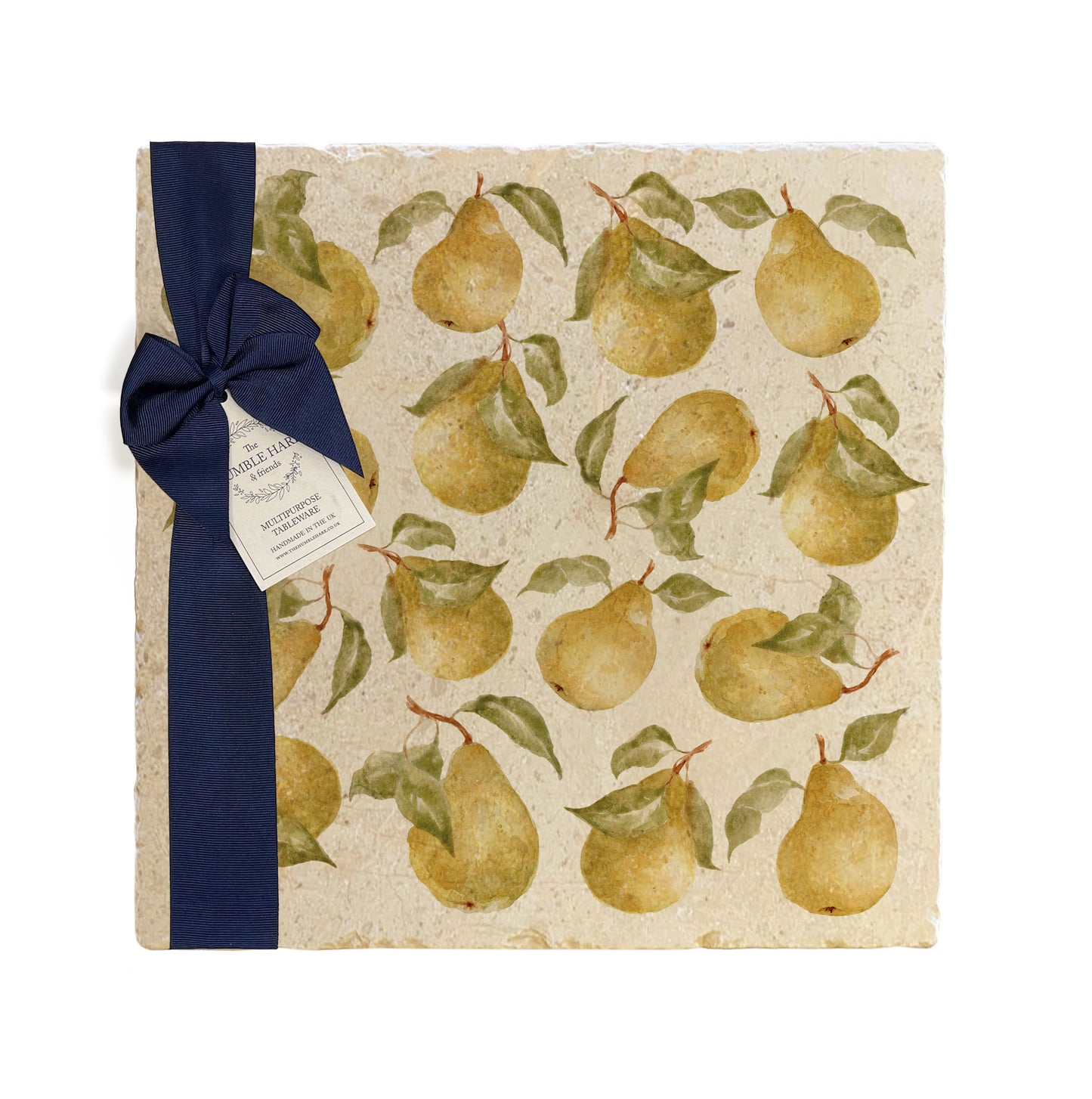 A large multipurpose marble platter with a watercolour pear pattern, packaged with a luxurious dark blue bow and branded gift tag.