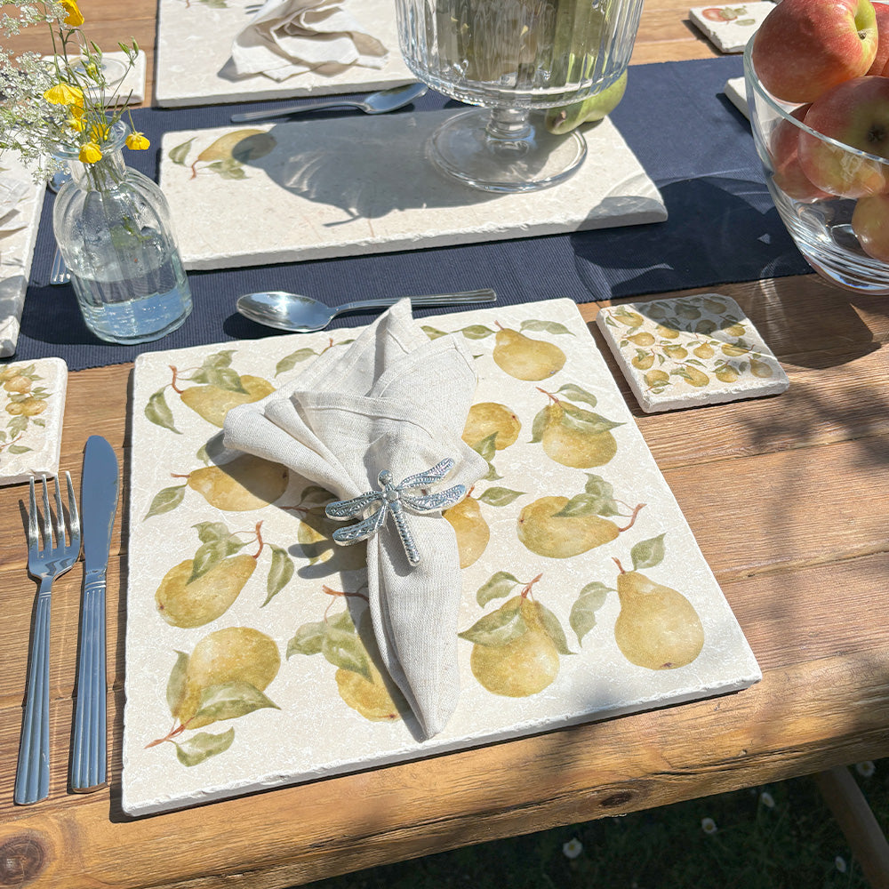 A large square marble placemat, featuring a watercolour pear pattern  design