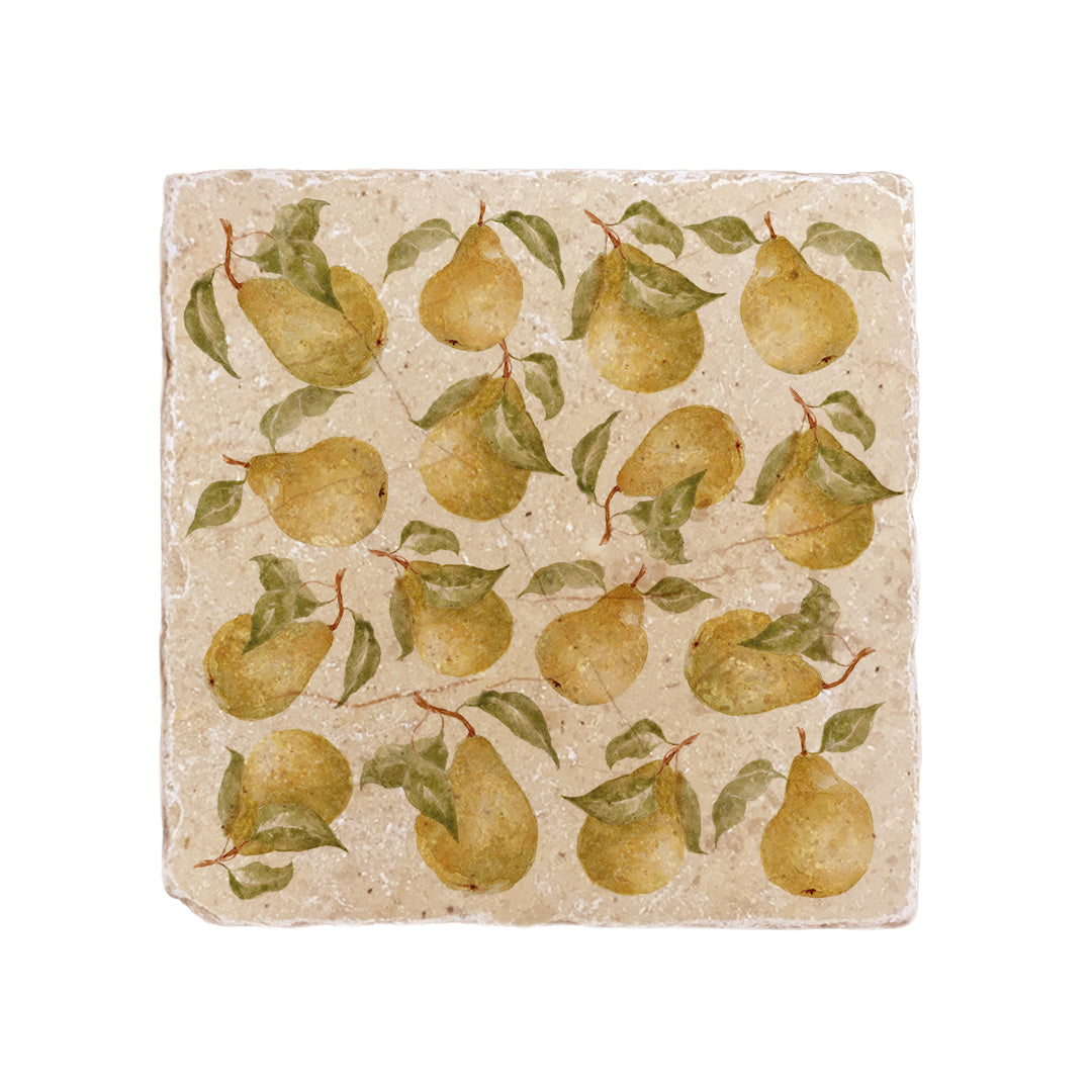 A handmade medium square marble platter, featuring a watercolour pear pattern.