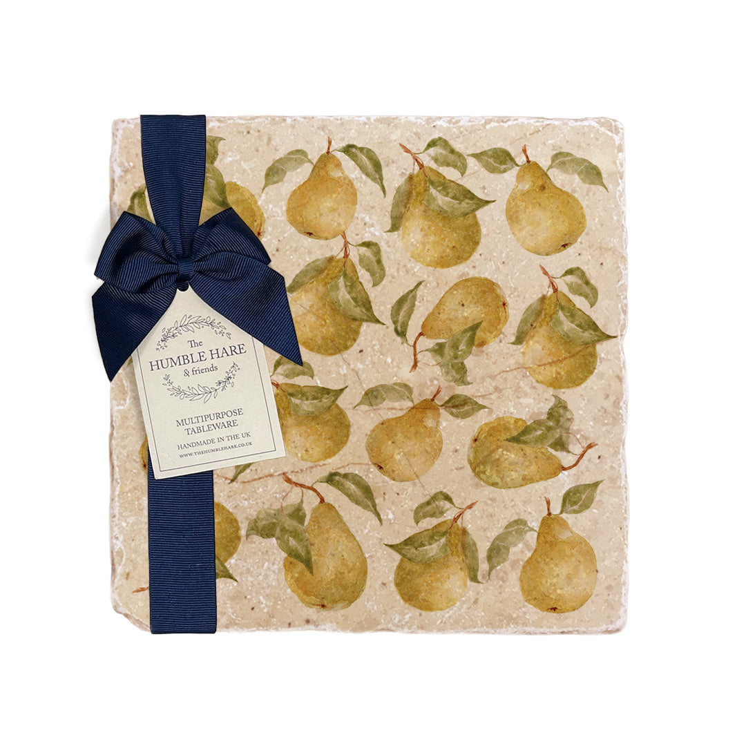 A medium multipurpose marble platter with a watercolour pear pattern, packaged with a luxurious dark blue bow and branded gift tag.