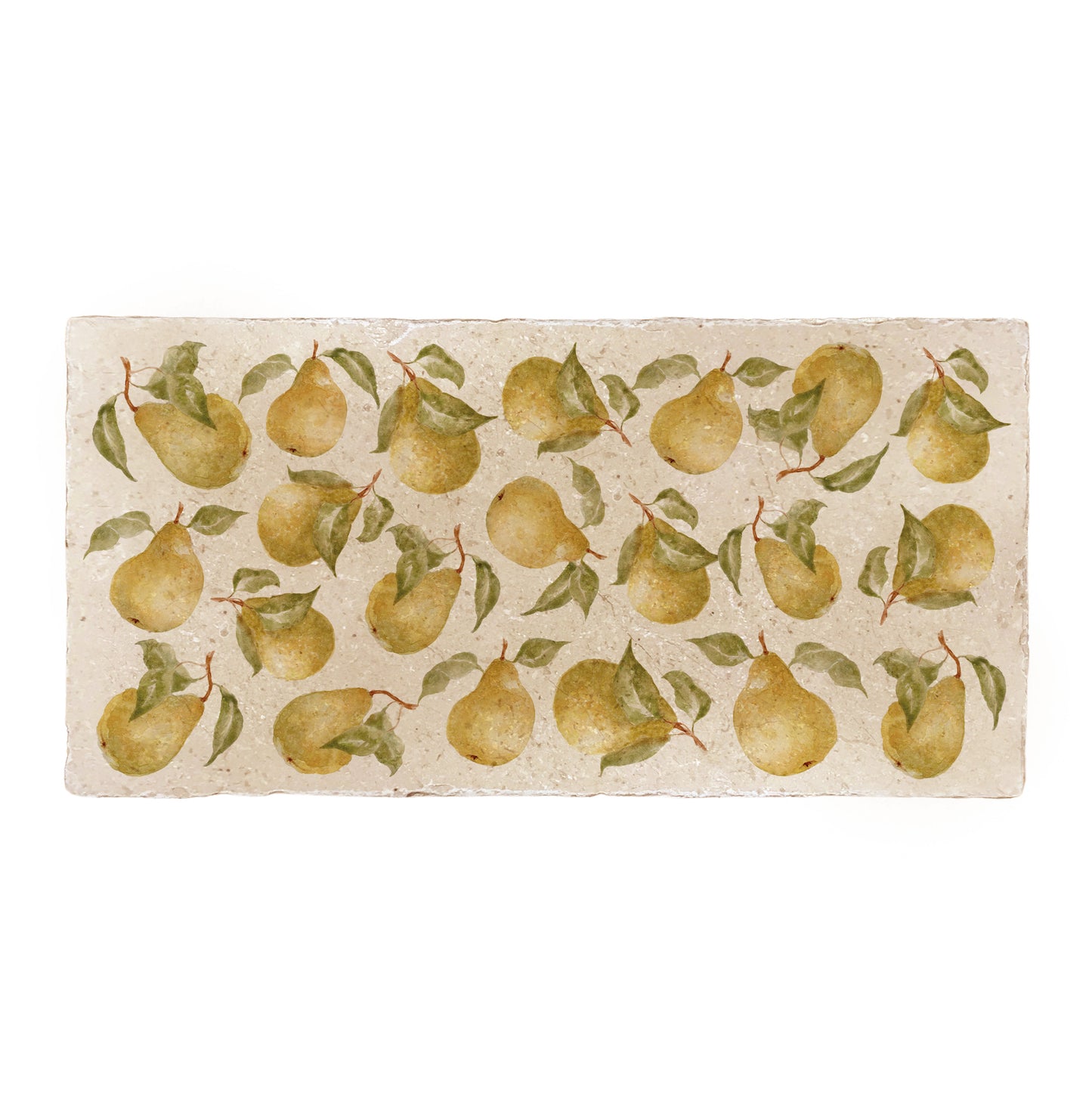 A rectangular marble sharing platter, featuring a maximalist watercolour pear pattern.