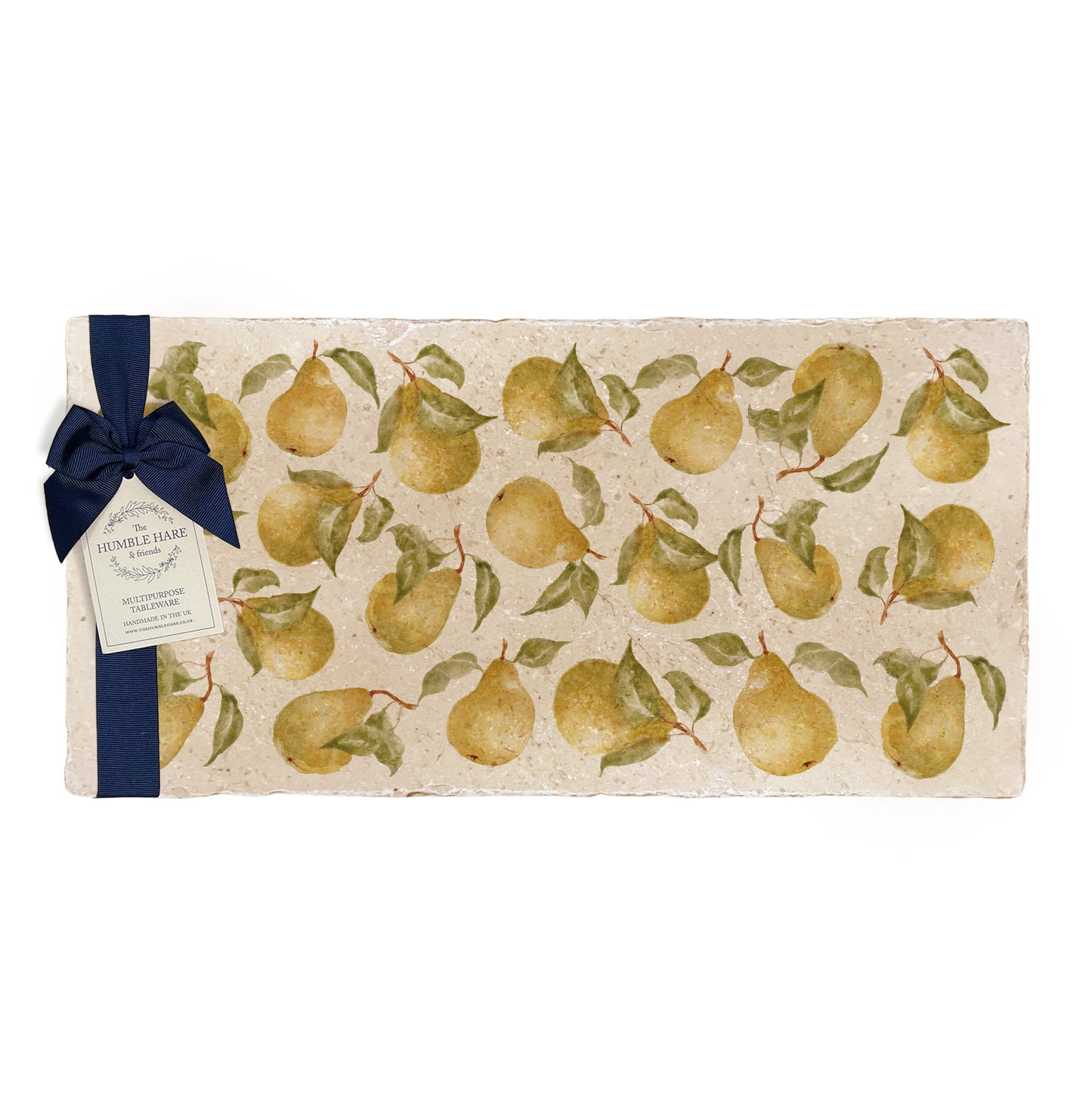 A multipurpose marble sharing platter with a watercolour pear pattern, packaged with a luxurious dark blue bow and branded gift tag.