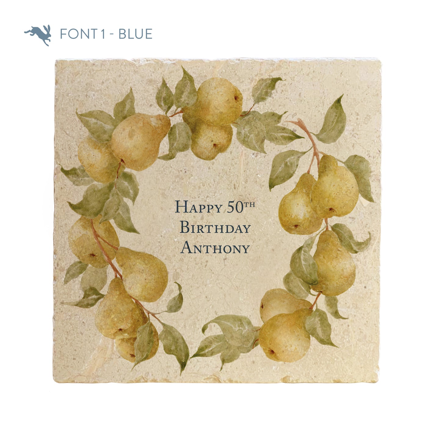 A large marble platter featuring a wreath of pears and leaves, personalised with a special birthday and name in the centre of the platter in a blue font.