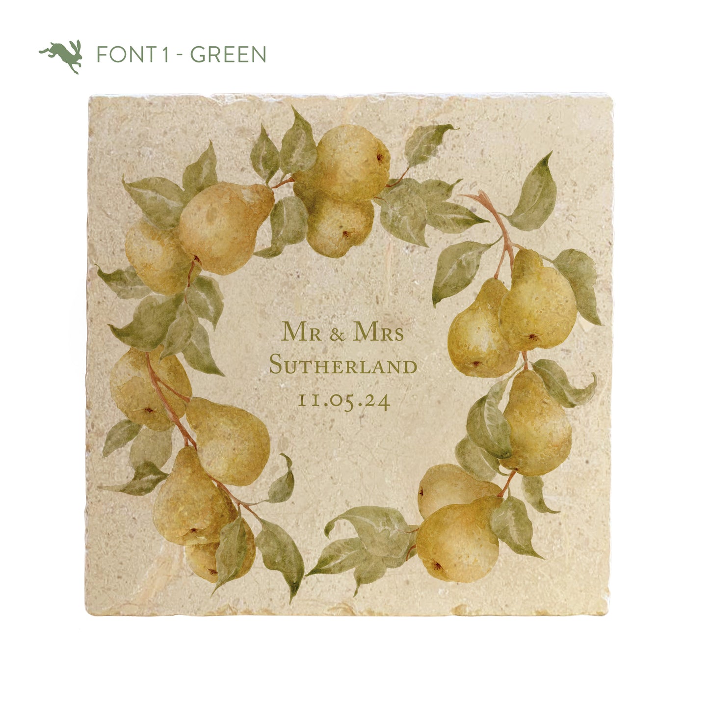 A large marble platter featuring a wreath of pears and leaves, personalised with Mr & Mrs and the couple’s name and anniversary date in the centre of the platter in a green font.