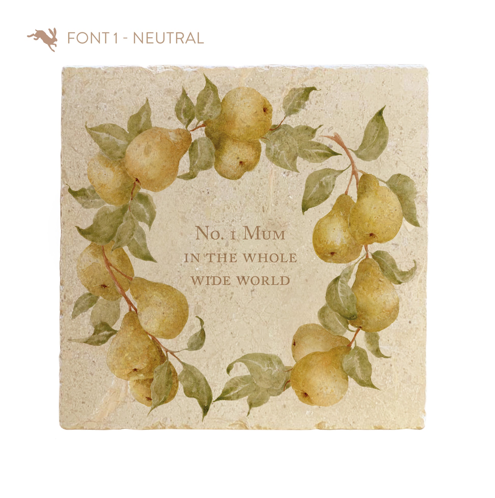 A large marble platter featuring a wreath of pears and leaves, personalised with ‘No 1 Mum in the Whole Wide World’ in the centre of the platter in a neutral font.