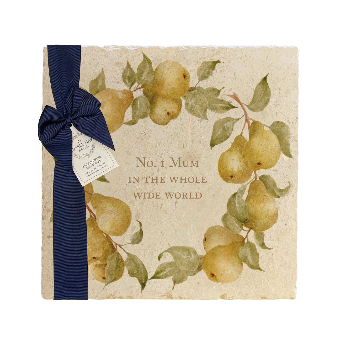 A personalised marble platter featuring a wreath of pears and leaves, with a bespoke message in the centre of the design. The platter is packaged with a luxurious blue gift bow and tag.