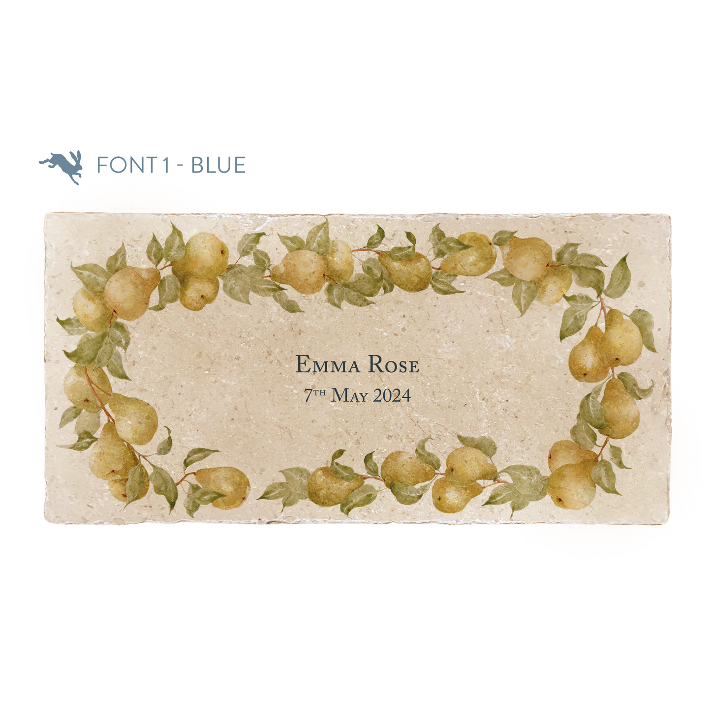 A marble sharing platter featuring a wreath of pears and leaves, personalised with a custom name and date in the centre of the platter in a blue font.