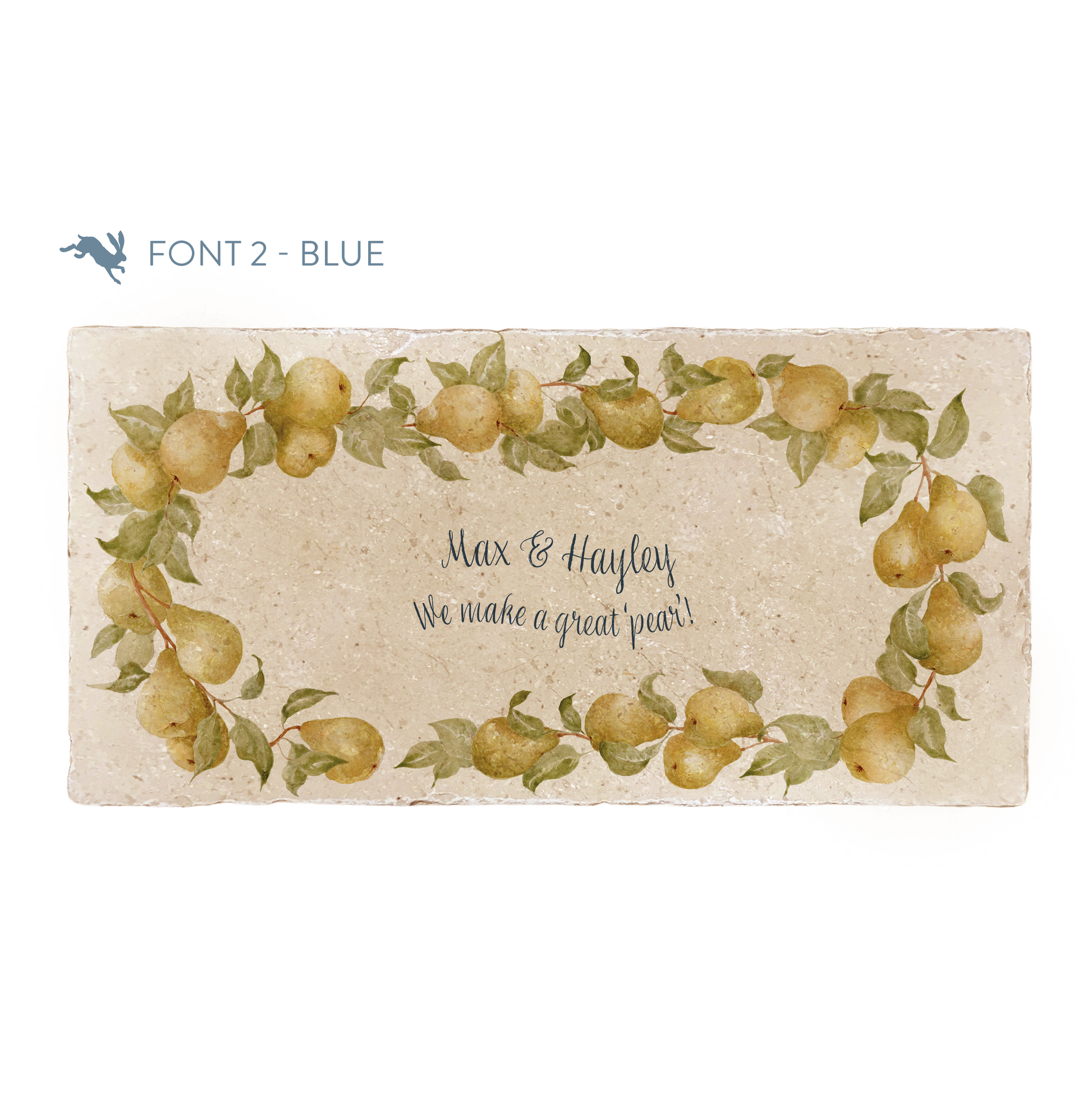 A marble sharing platter featuring a wreath of pears and leaves, personalised with a couple’s names in the centre of the platter in a blue calligraphy font.