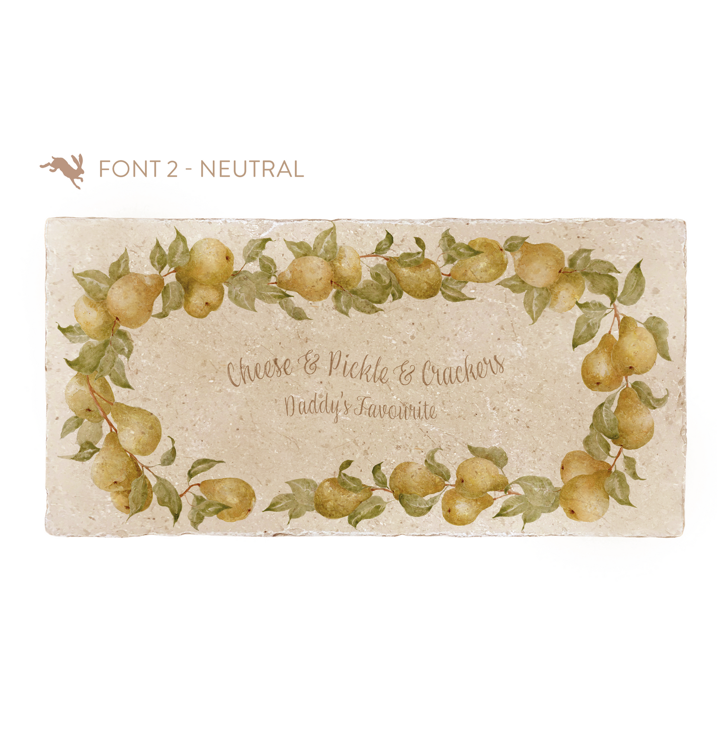 A marble sharing platter featuring a wreath of pears and leaves, personalised with ‘Cheese & Pickle & Crackers Daddy’s Favourite’ in the centre of the platter in a neutral calligraphy font.