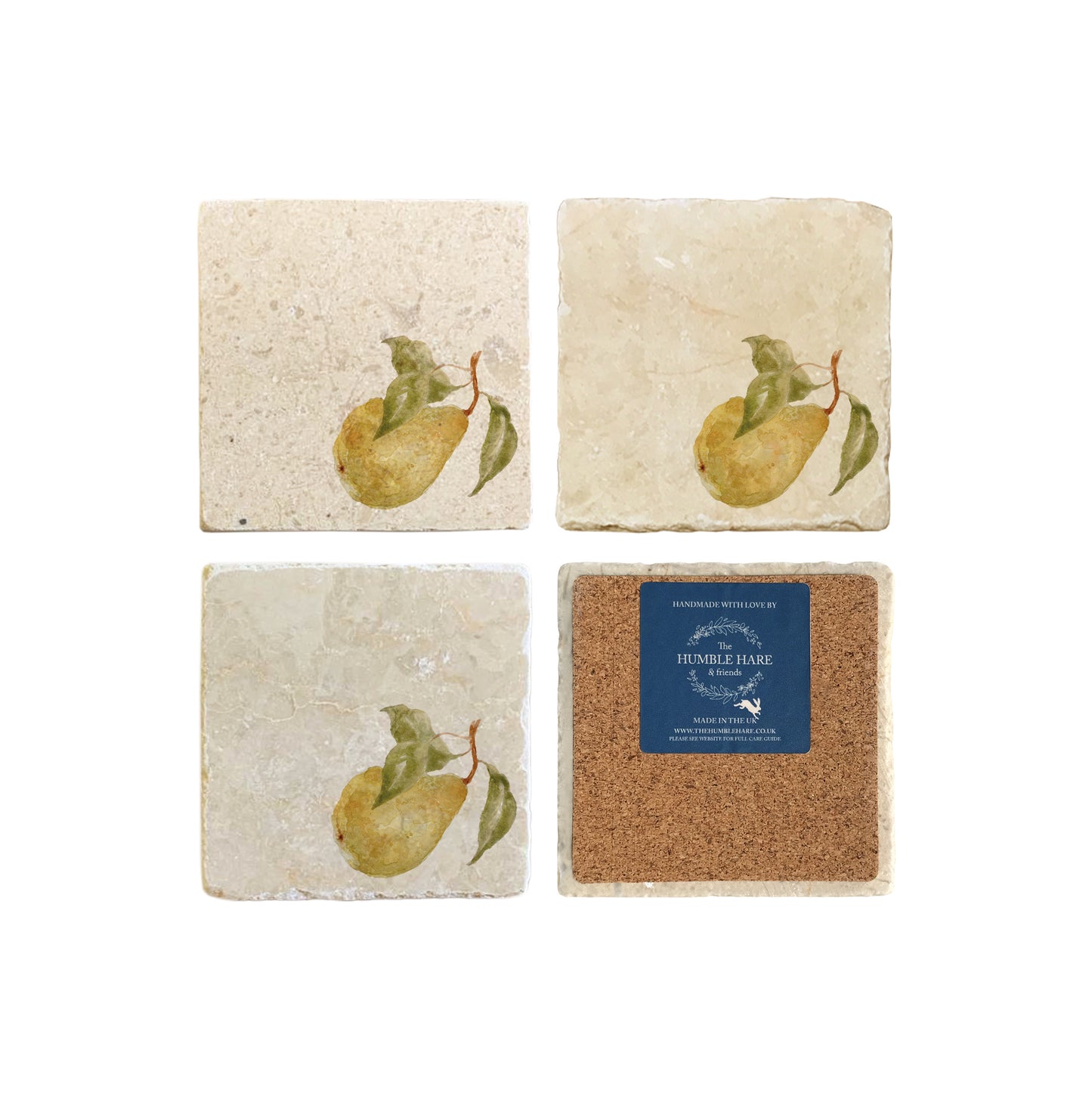 A set of 4 square marble coasters, featuring a single watercolour pear. One coaster is flipped to show that the coasters are backed with cork.