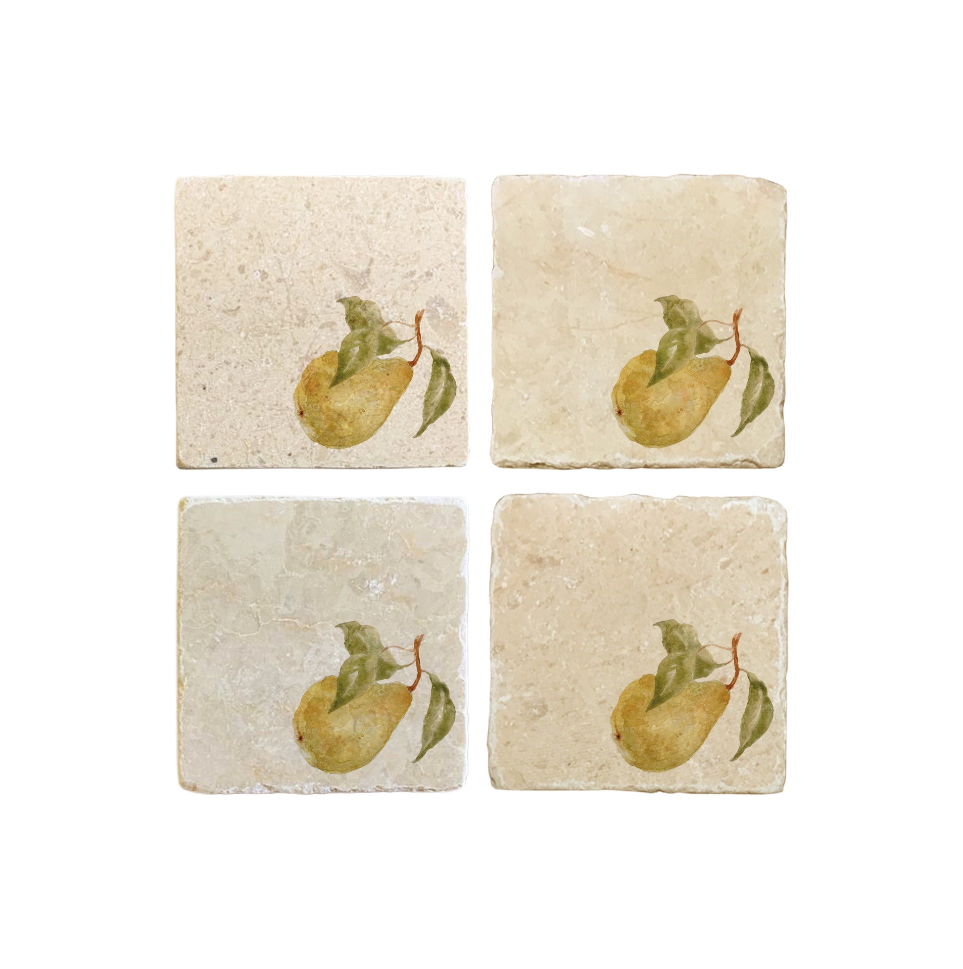 A set of 4 square marble coasters, featuring a minimalistic watercolour pear design.