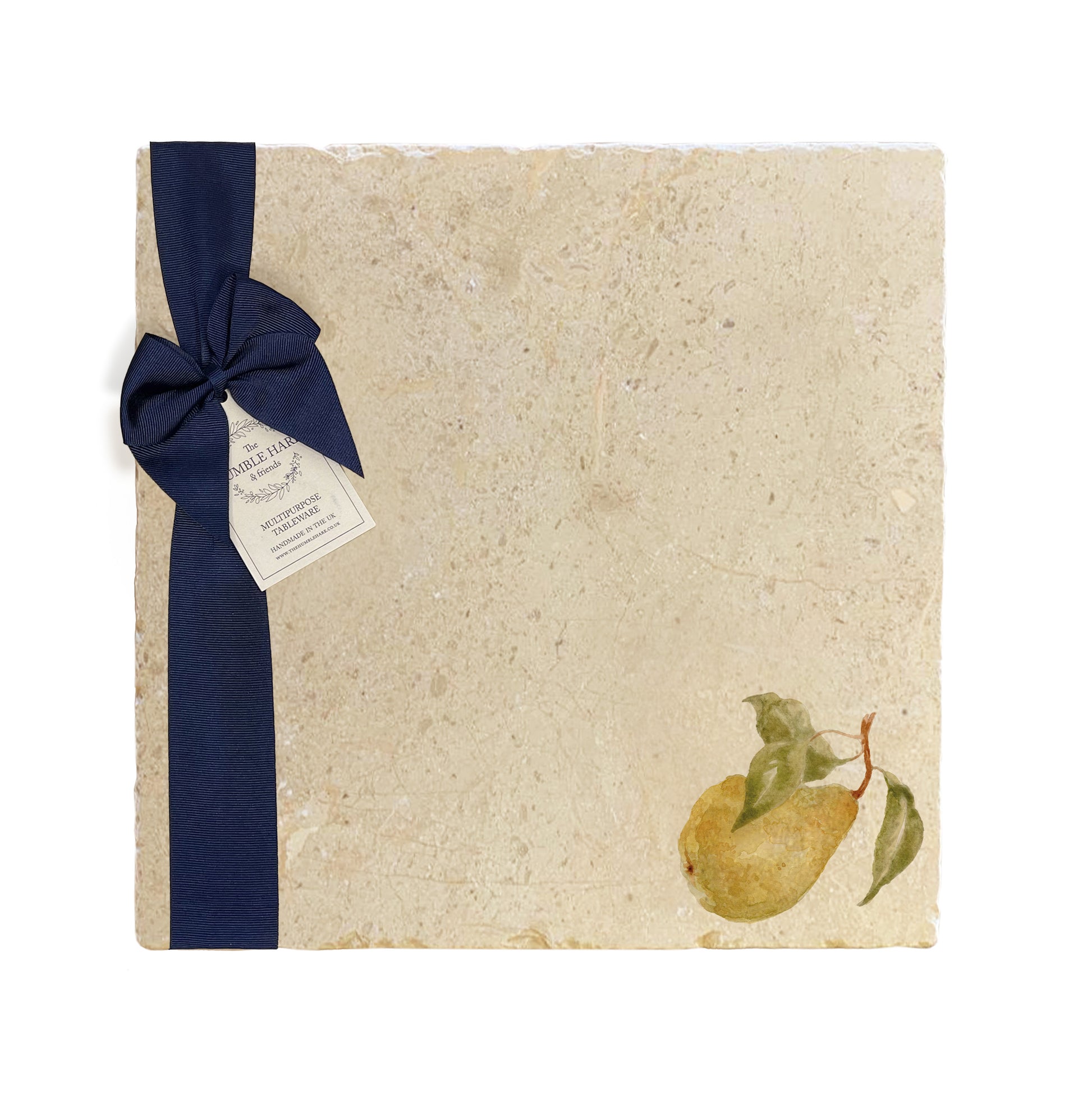 A large multipurpose marble platter with a watercolour pear design, packaged with a luxurious dark blue bow and branded gift tag.