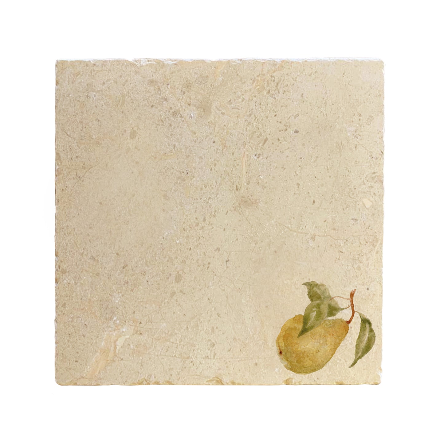 A large square marble placemat, featuring a watercolour single pear design