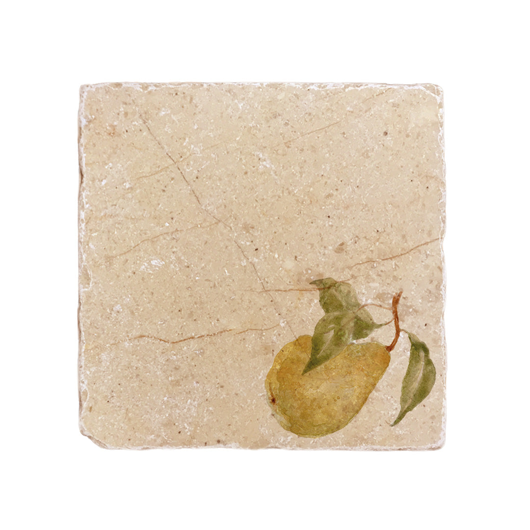 A medium square multipurpose marble platter, featuring a watercolour design of a single pear with leaves.