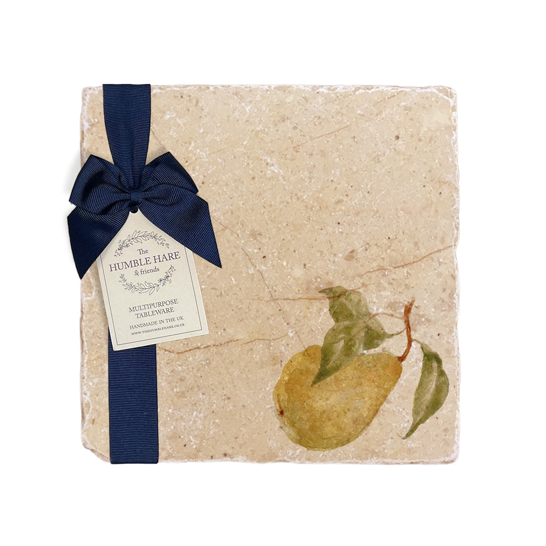  A medium multipurpose marble platter with a watercolour pear design, packaged with a luxurious dark blue bow and branded gift tag.