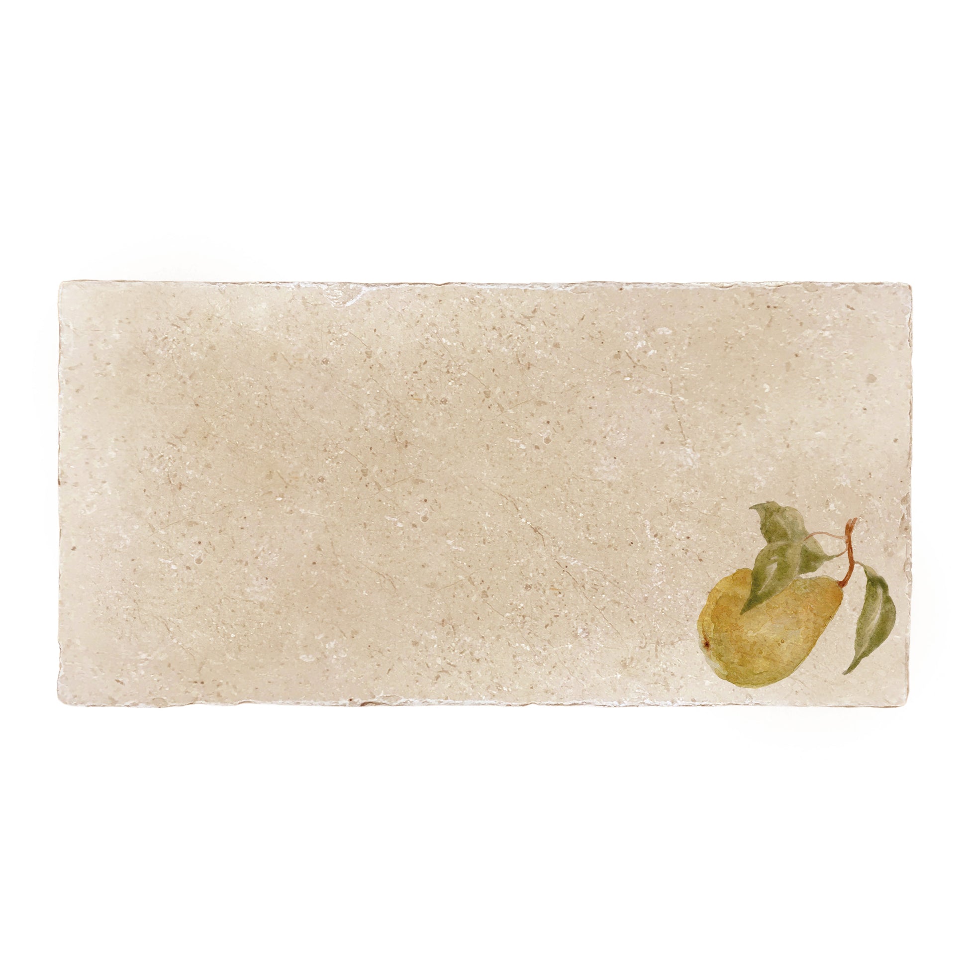 A handmade rectangular marble sharing platter, featuring a watercolour design of a single pear with leaves.