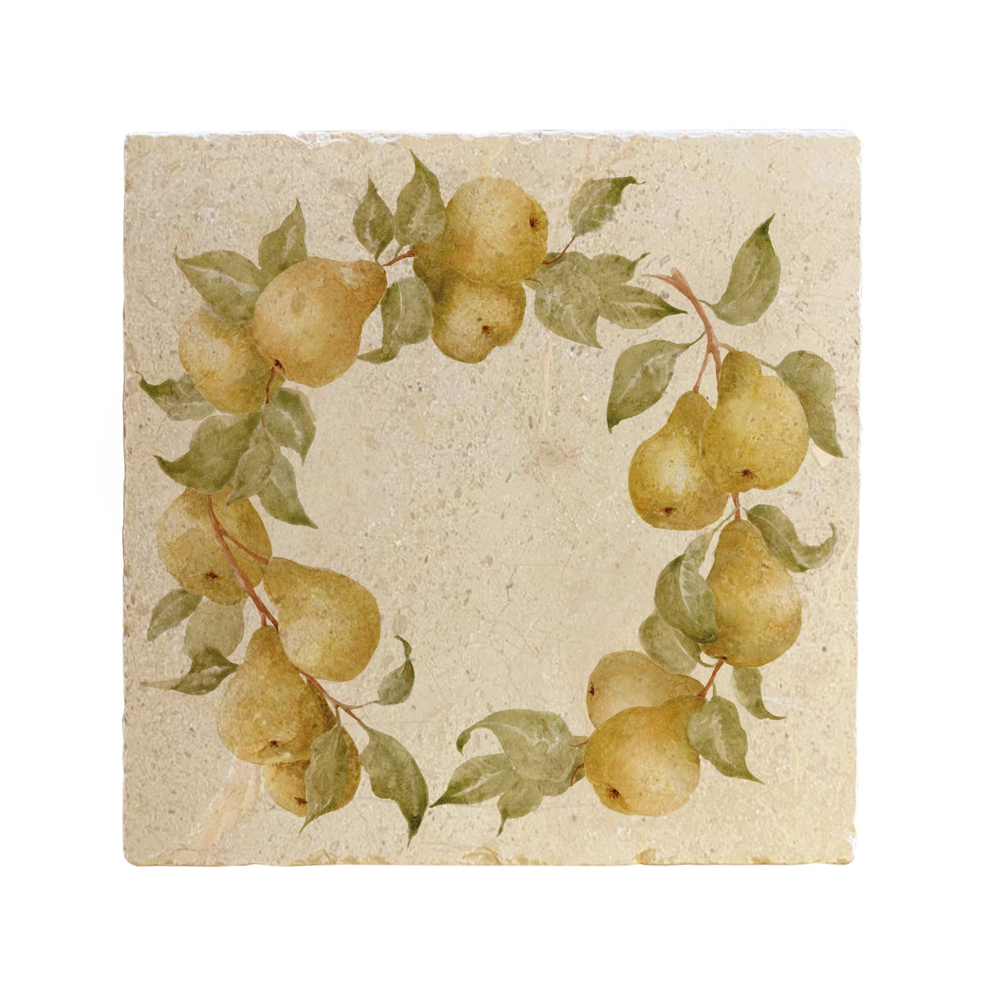 A large square marble placemat, featuring a vintage watercolour pear wreath design.