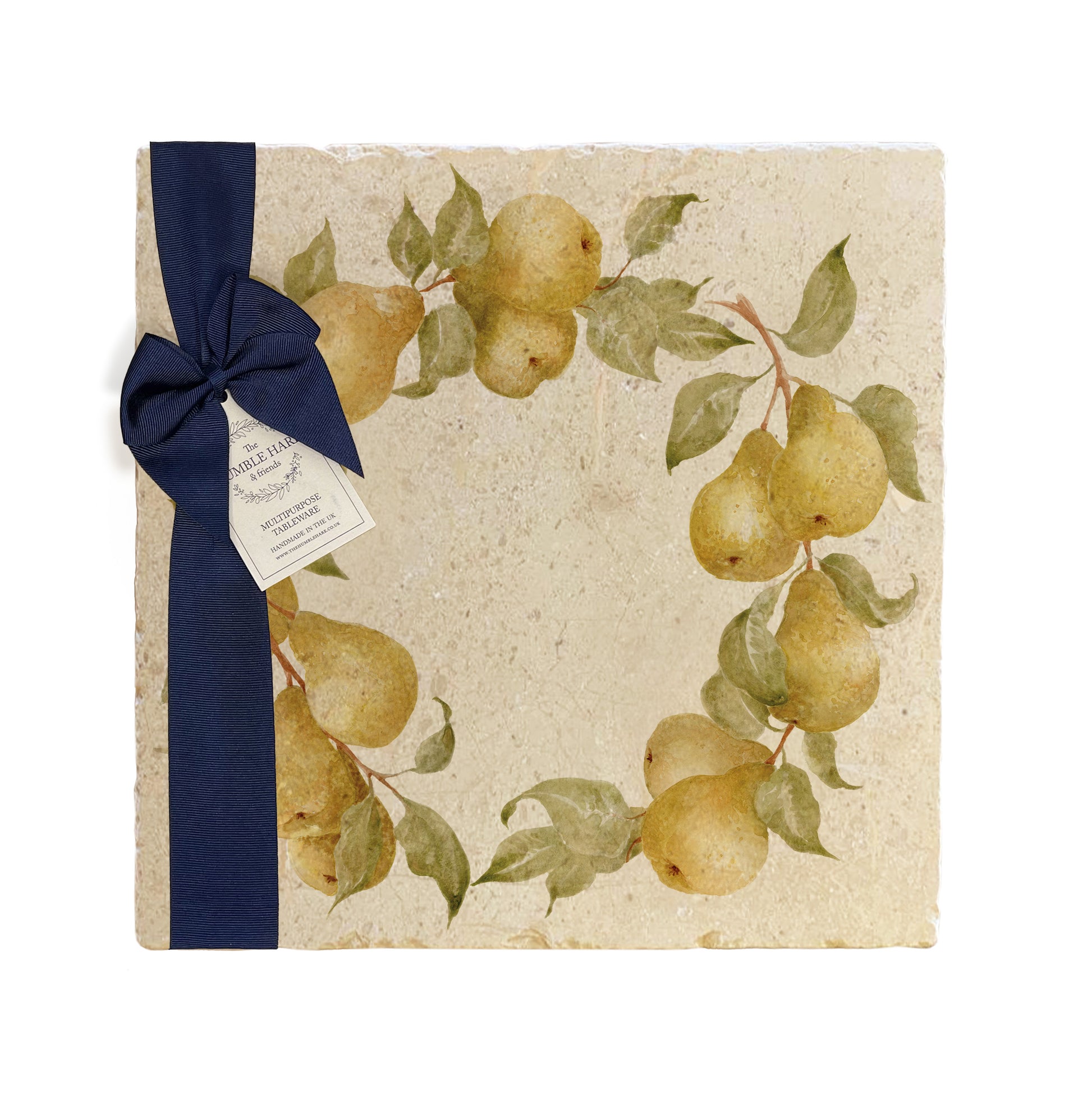 A large multipurpose marble platter with a watercolour pear wreath design, packaged with a luxurious dark blue bow and branded gift tag.