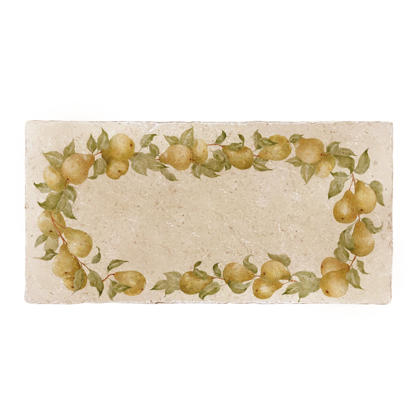 A rectangular marble sharing platter, featuring a watercolour pear wreath design that frames the platter.
