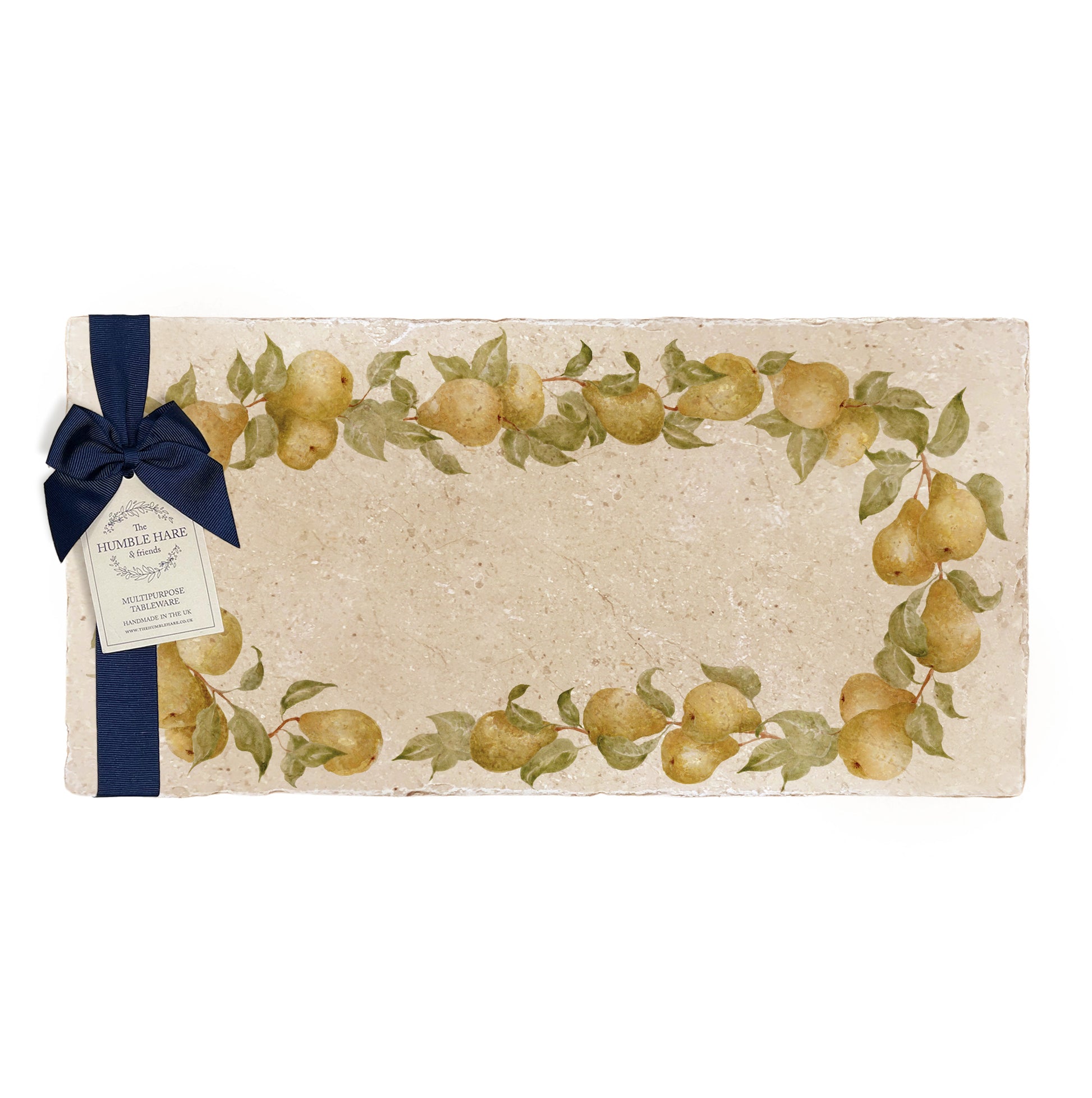 A multipurpose marble sharing platter with a watercolour pear wreath design, packaged with a luxurious dark blue bow and branded gift tag.