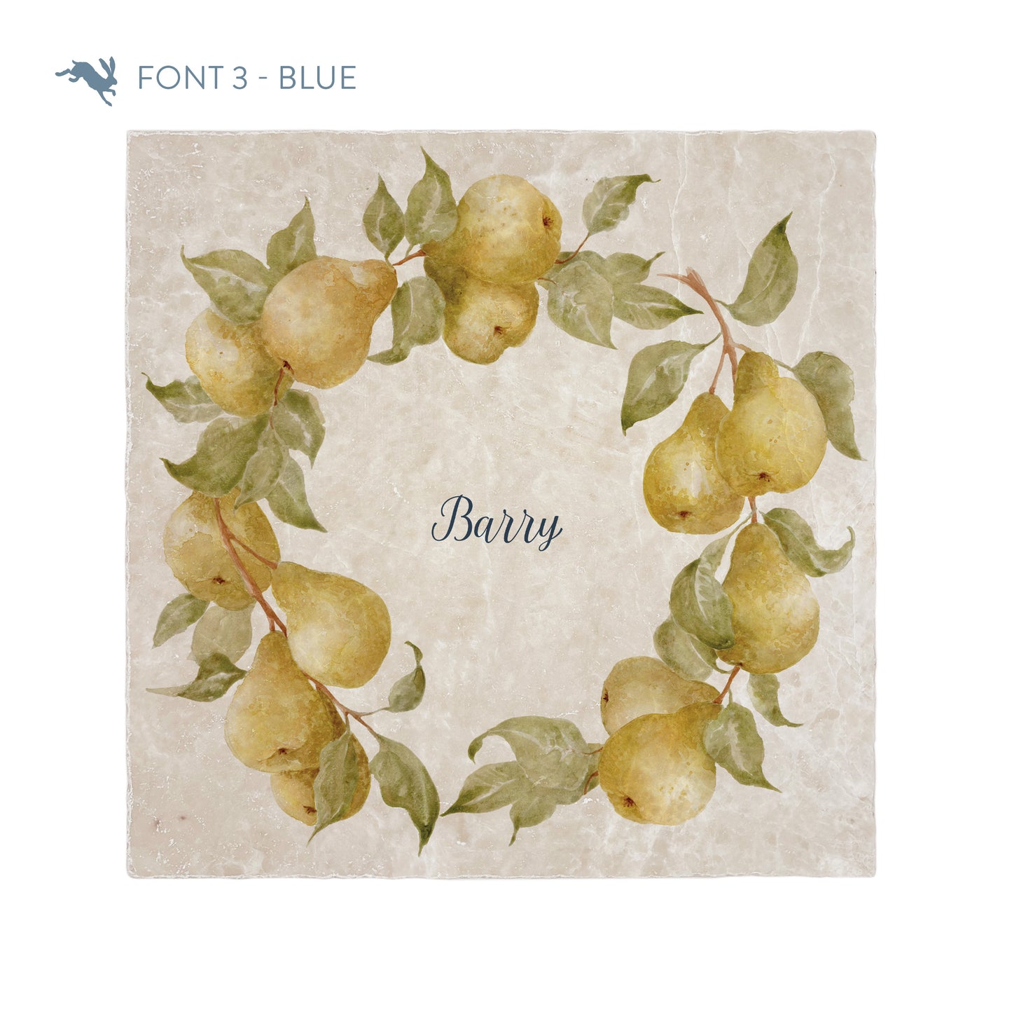 A large square personalised marble placemat with a pear wreath design. The placemat is personalised with a name in a dark blue brush script font.