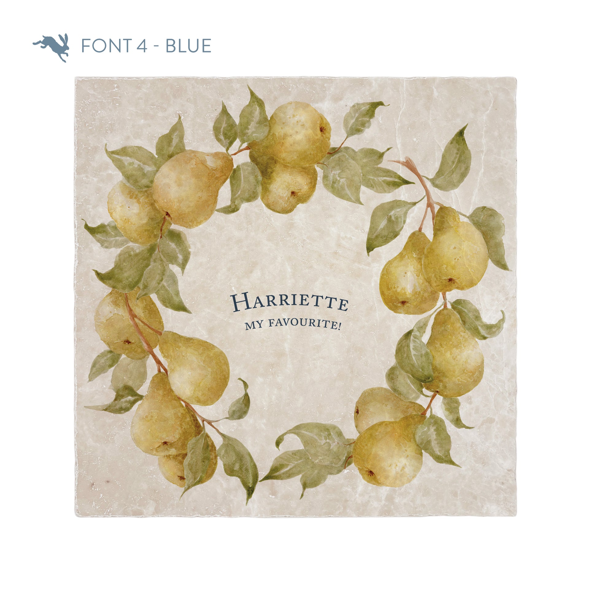 A large square personalised marble placemat with a pear wreath design. The placemat is personalised with a name and 'My Favourite!' in a dark blue classic serif font.