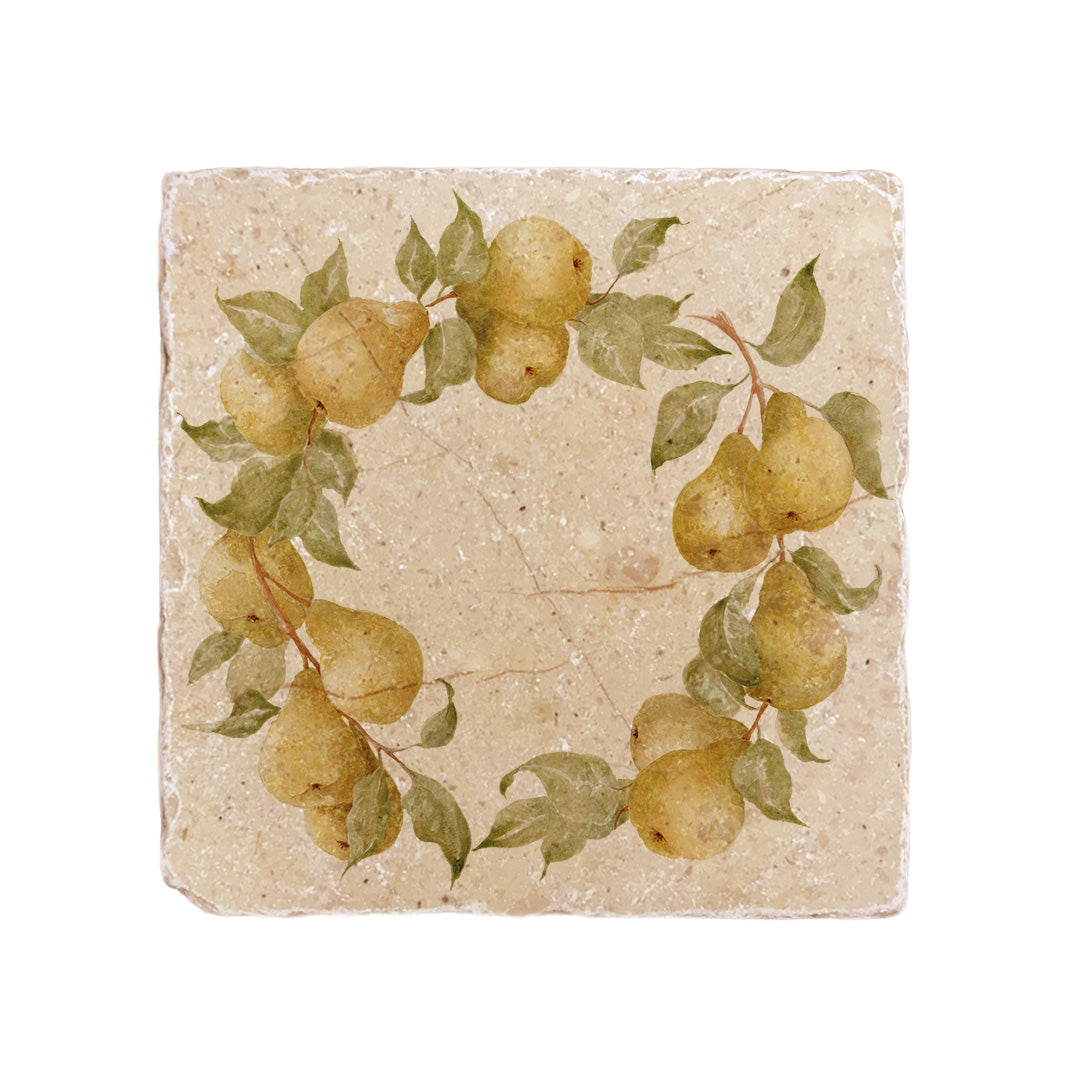 A 20x20cm cream marble tile with a watercolour design featuring a wreath of pears.
