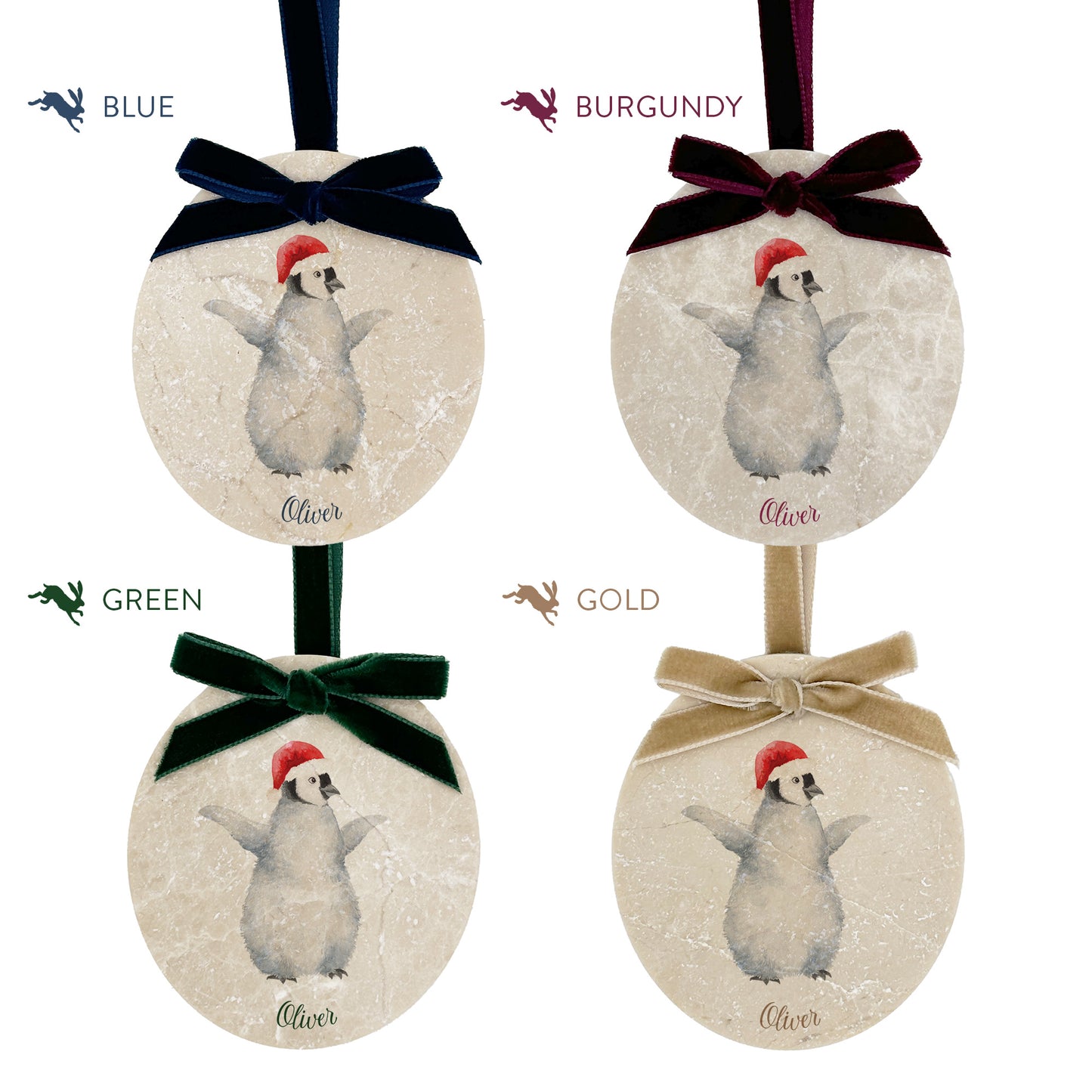 Personalised Christmas Bauble featuring our snowy penguins. Perfect first Christmas, new baby baubles for a truly magical Christmas decoration
