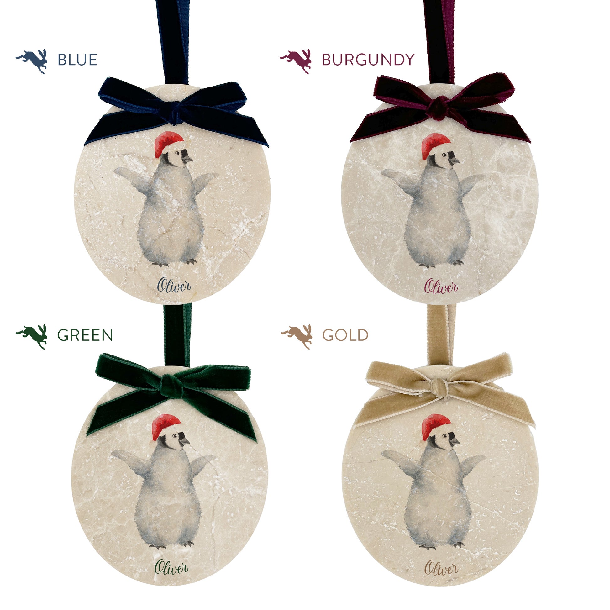 Personalised Christmas Bauble featuring our snowy penguins. Perfect first Christmas, new baby baubles for a truly magical Christmas decoration
