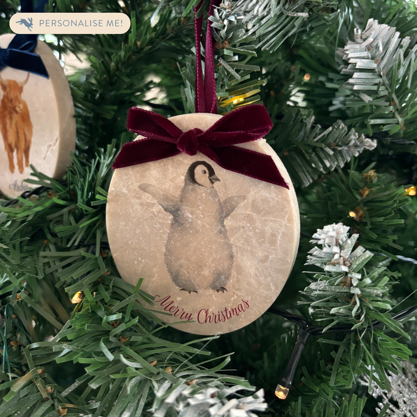 Personalised Christmas Bauble featuring our snowy penguins. Perfect first Christmas, new baby baubles for a truly magical Christmas decoration