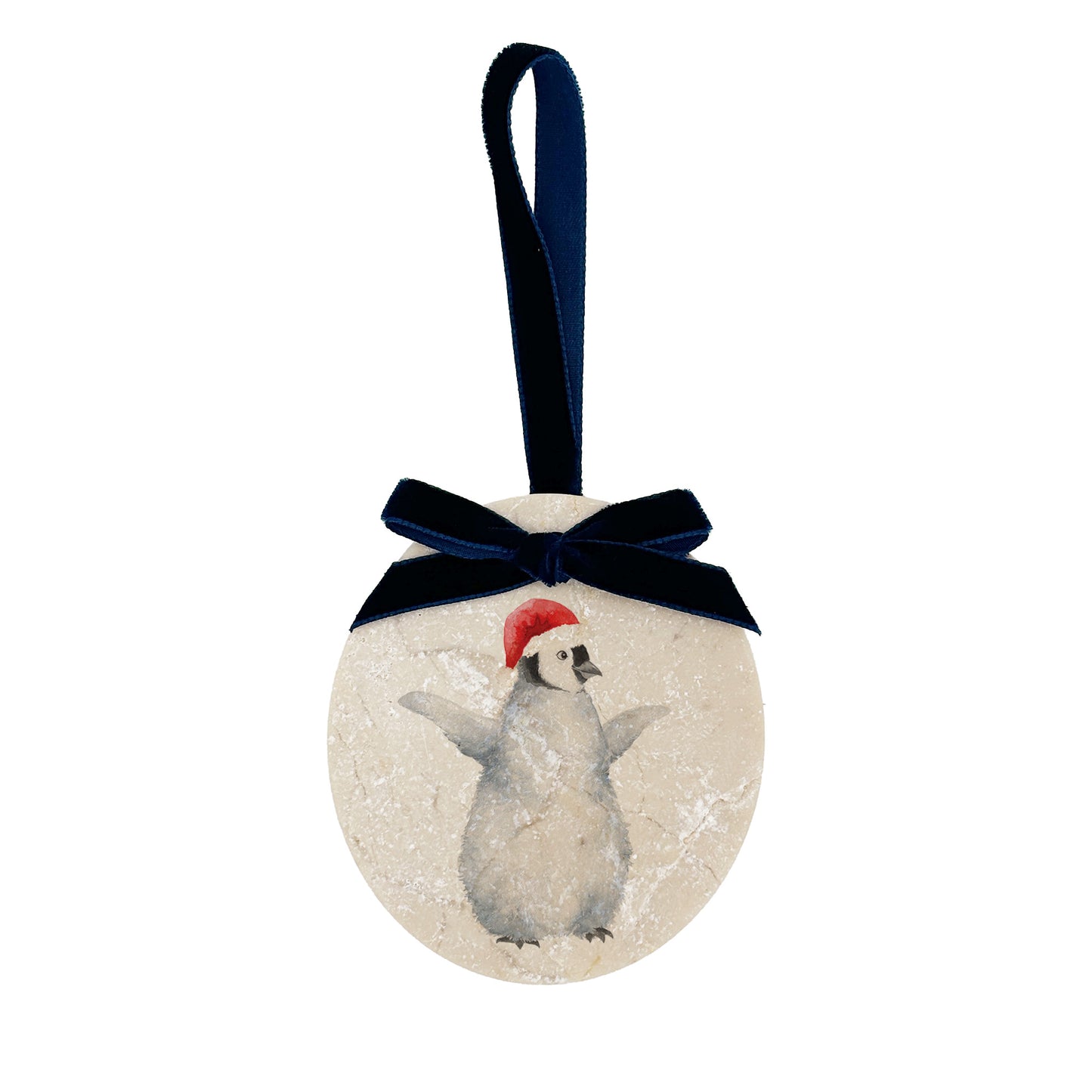 Personalised Christmas Bauble featuring our snowy penguins. Perfect first Christmas, new baby baubles for a truly magical Christmas decoration