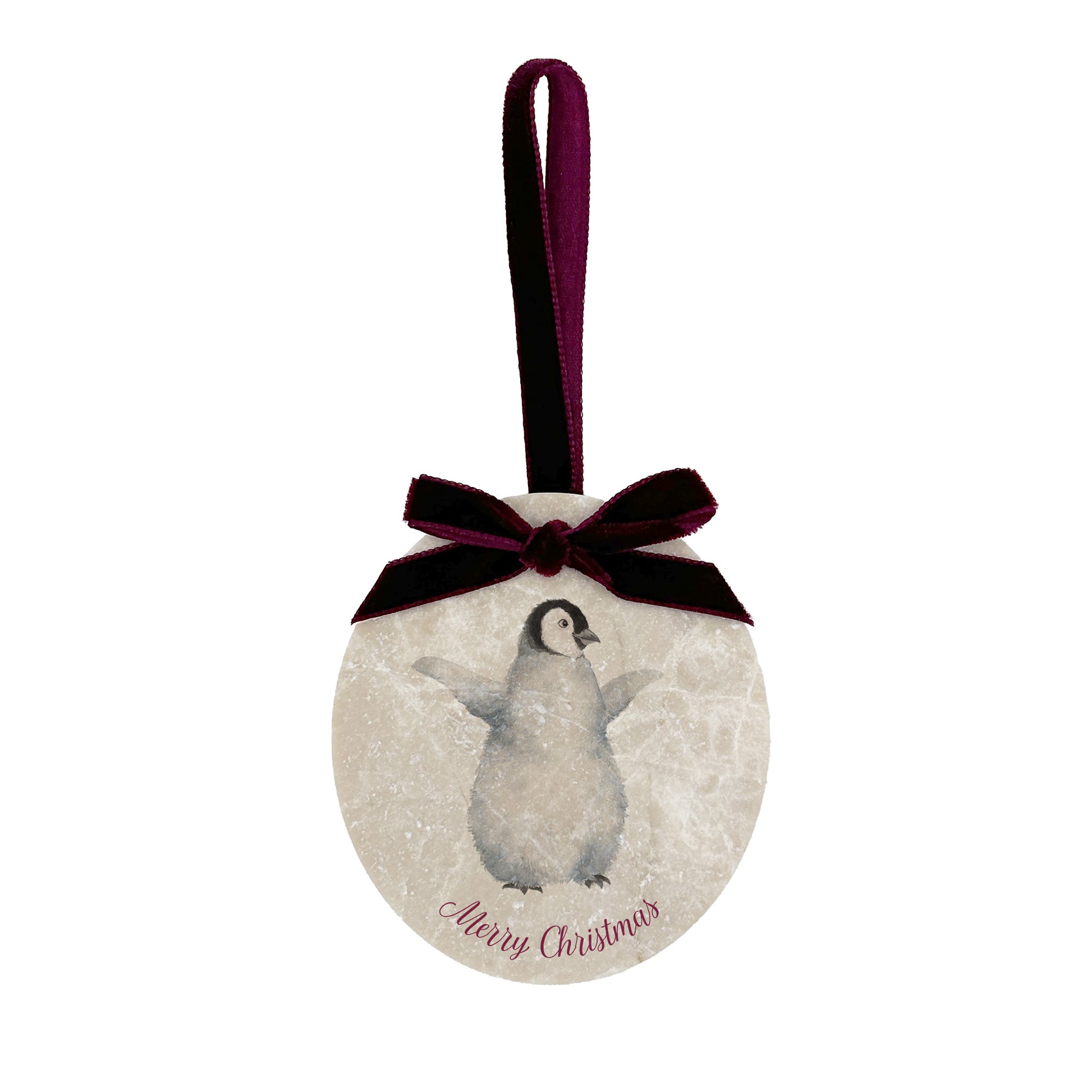 Personalised Christmas Bauble featuring our snowy penguins. Perfect first Christmas, new baby baubles for a truly magical Christmas decoration