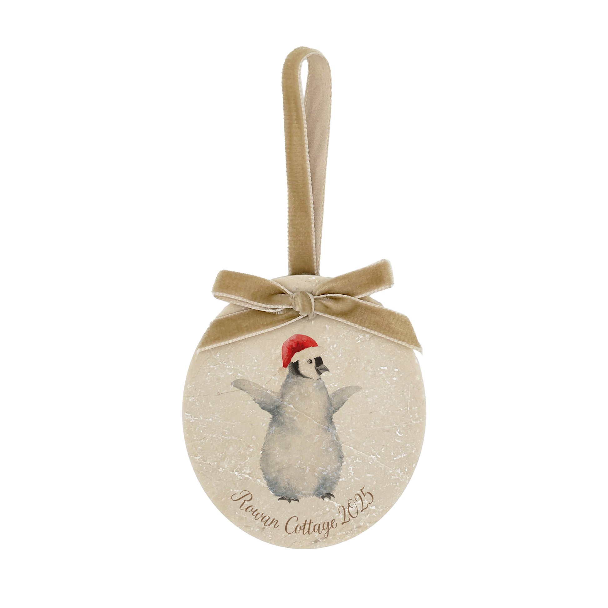 Personalised Christmas Bauble featuring our snowy penguins. Perfect first Christmas, new baby baubles for a truly magical Christmas decoration