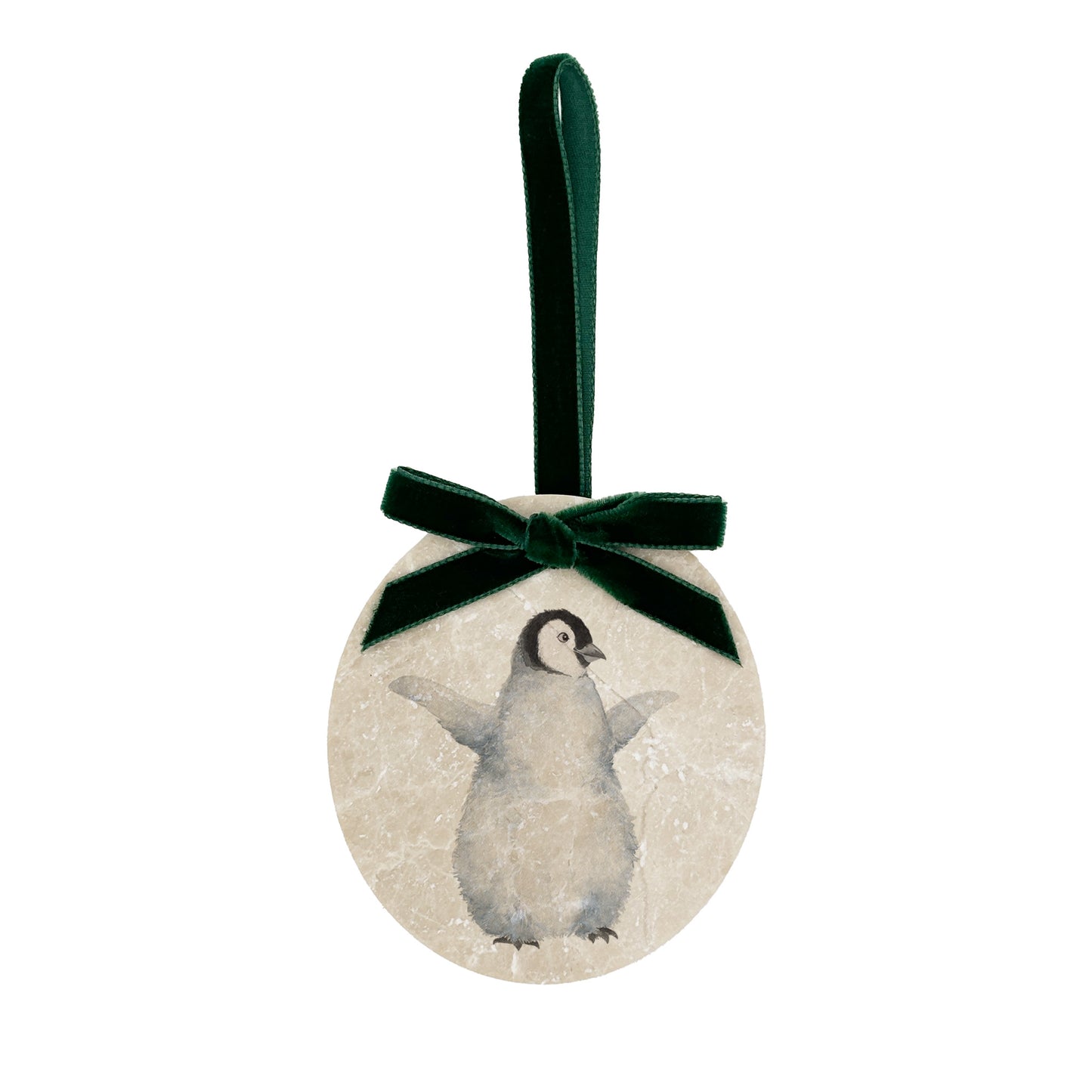 Personalised Christmas Bauble featuring our snowy penguins. Perfect first Christmas, new baby baubles for a truly magical Christmas decoration