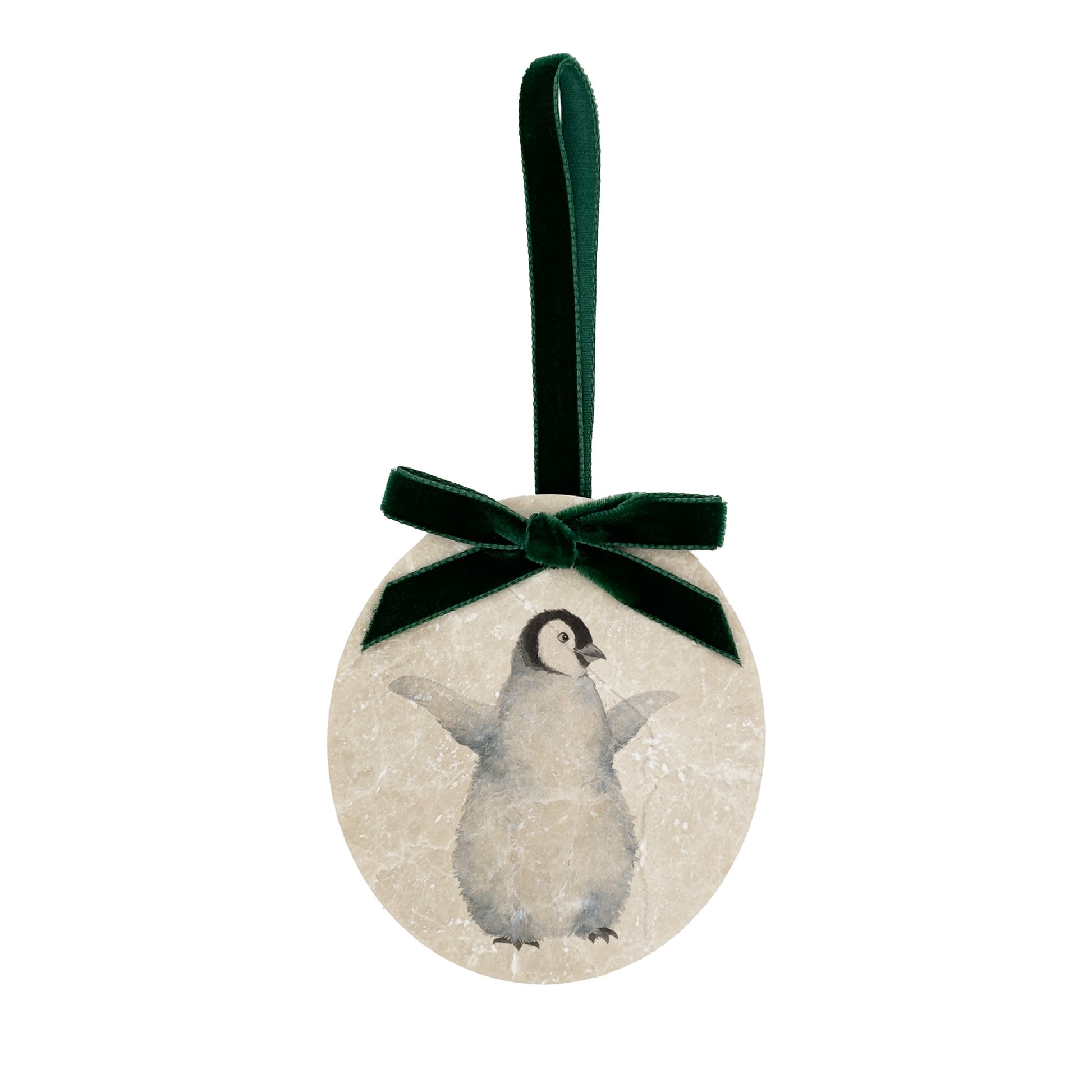 Personalised Christmas Bauble featuring our snowy penguins. Perfect first Christmas, new baby baubles for a truly magical Christmas decoration