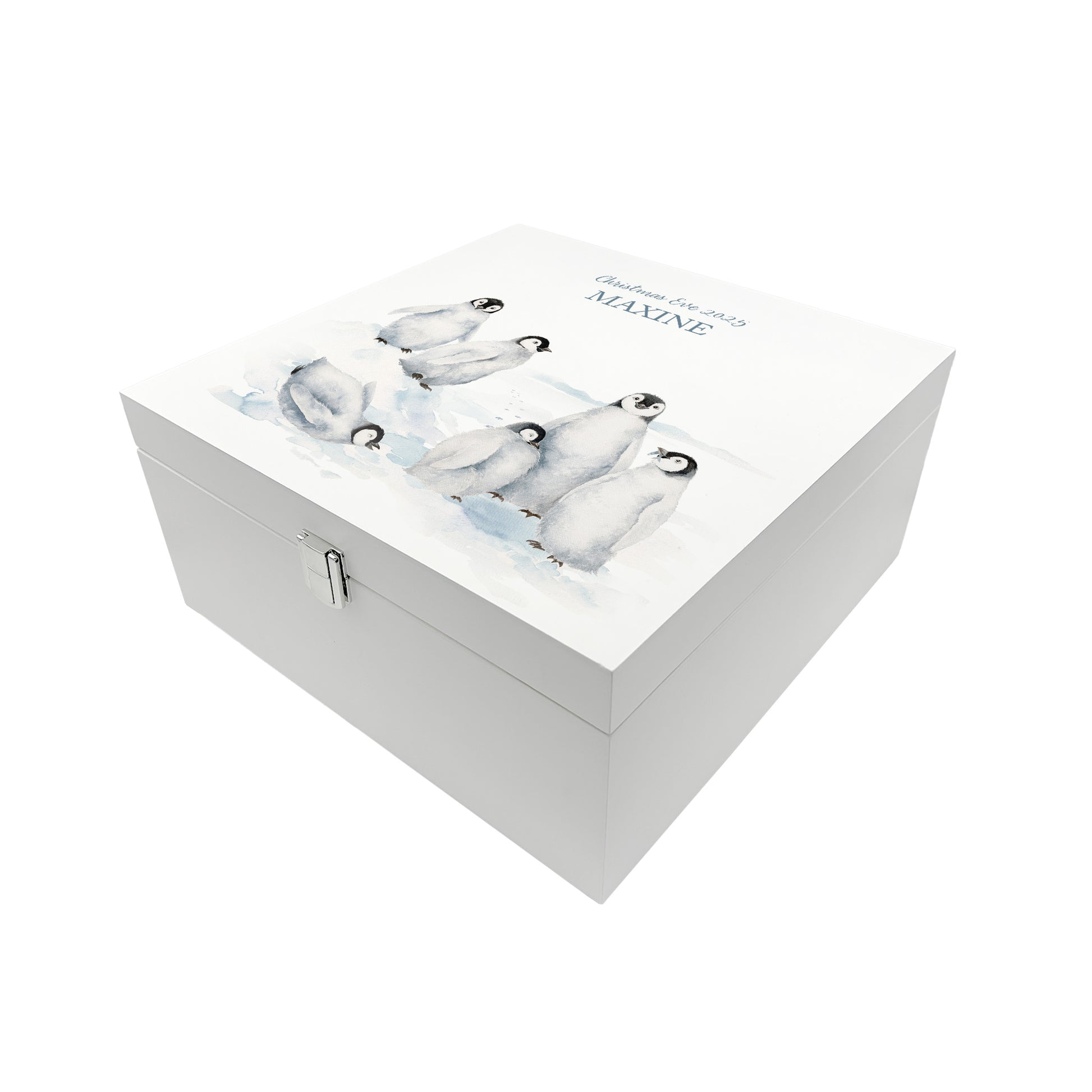 White Wooden Christmas Eve box, perfect for Christmas sweets and treats. A great Keepsake box with penguins and Santa's hats ready to enjoy the Christmas festivities. 