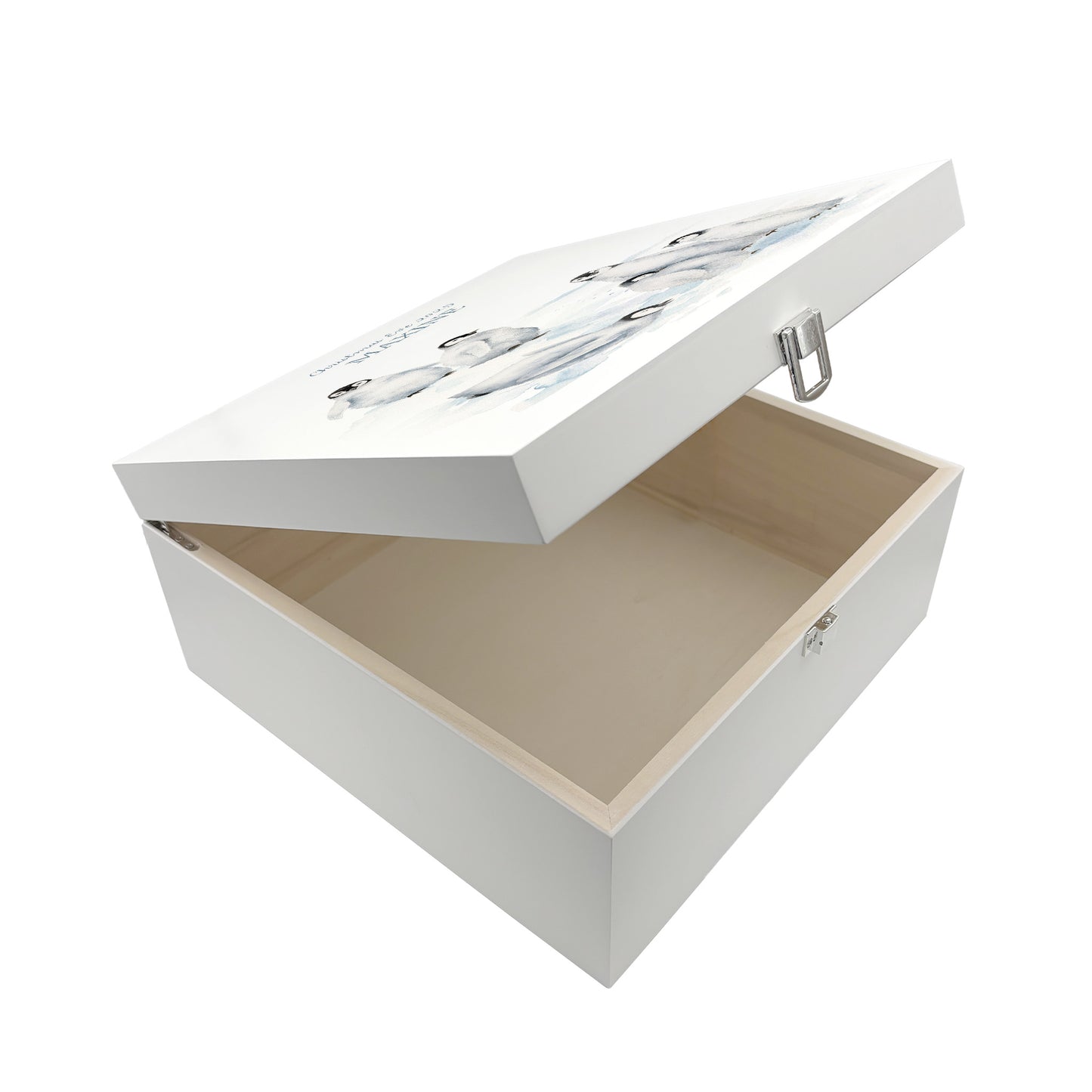 White Wooden Christmas Eve box, perfect for Christmas sweets and treats. A great Keepsake box with penguins and Santa's hats ready to enjoy the Christmas festivities. 