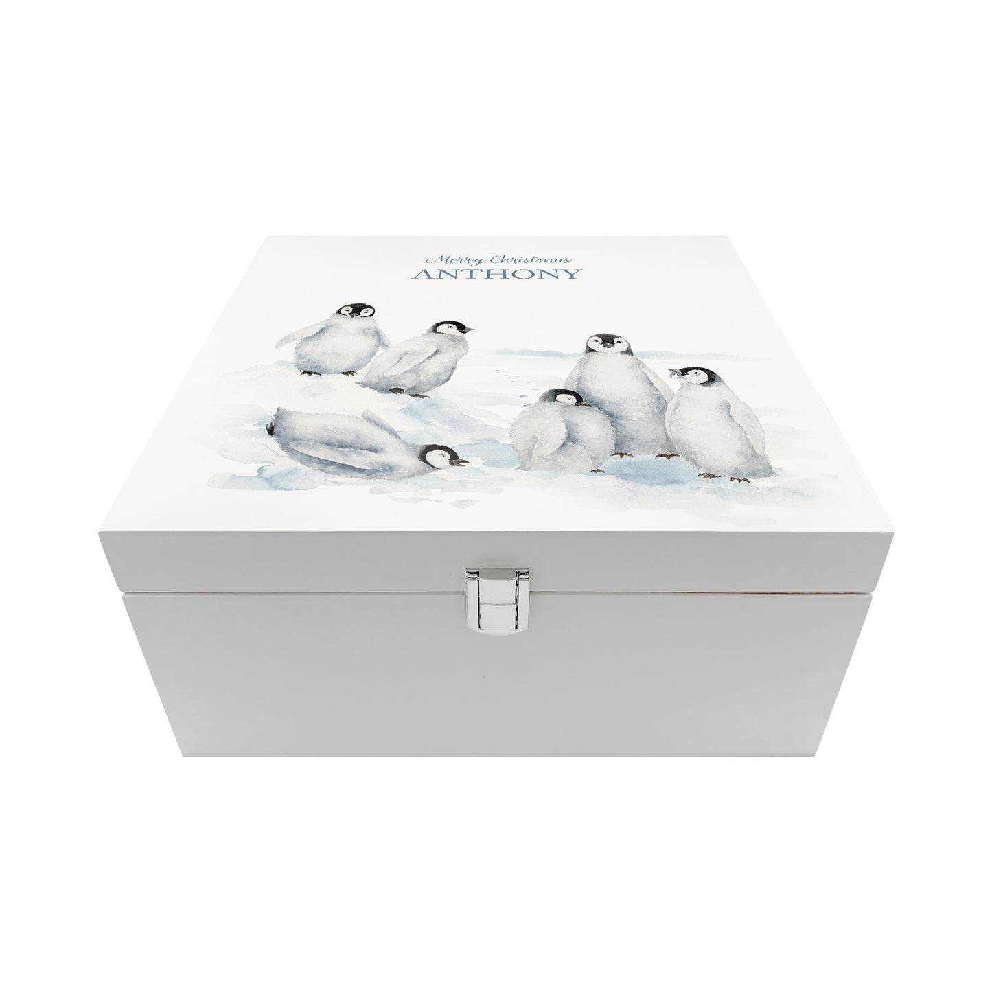 White Wooden Christmas Eve box, perfect for Christmas sweets and treats. A great Keepsake box with penguins and Santa's hats ready to enjoy the Christmas festivities. 