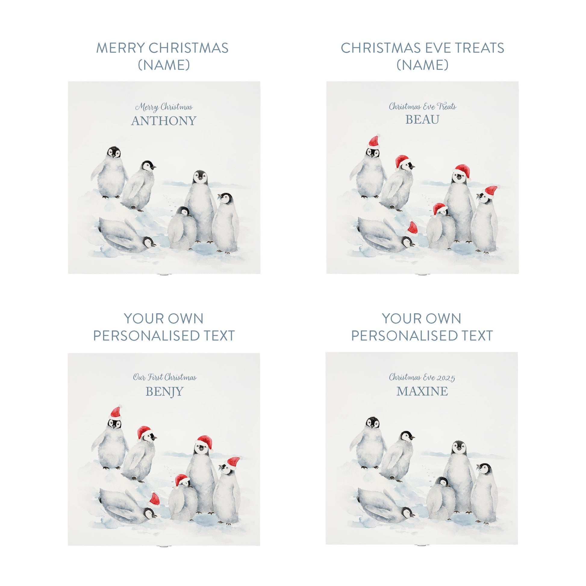White Wooden Christmas Eve box, perfect for Christmas sweets and treats. A great Keepsake box with penguins and Santa's hats ready to enjoy the Christmas festivities. 